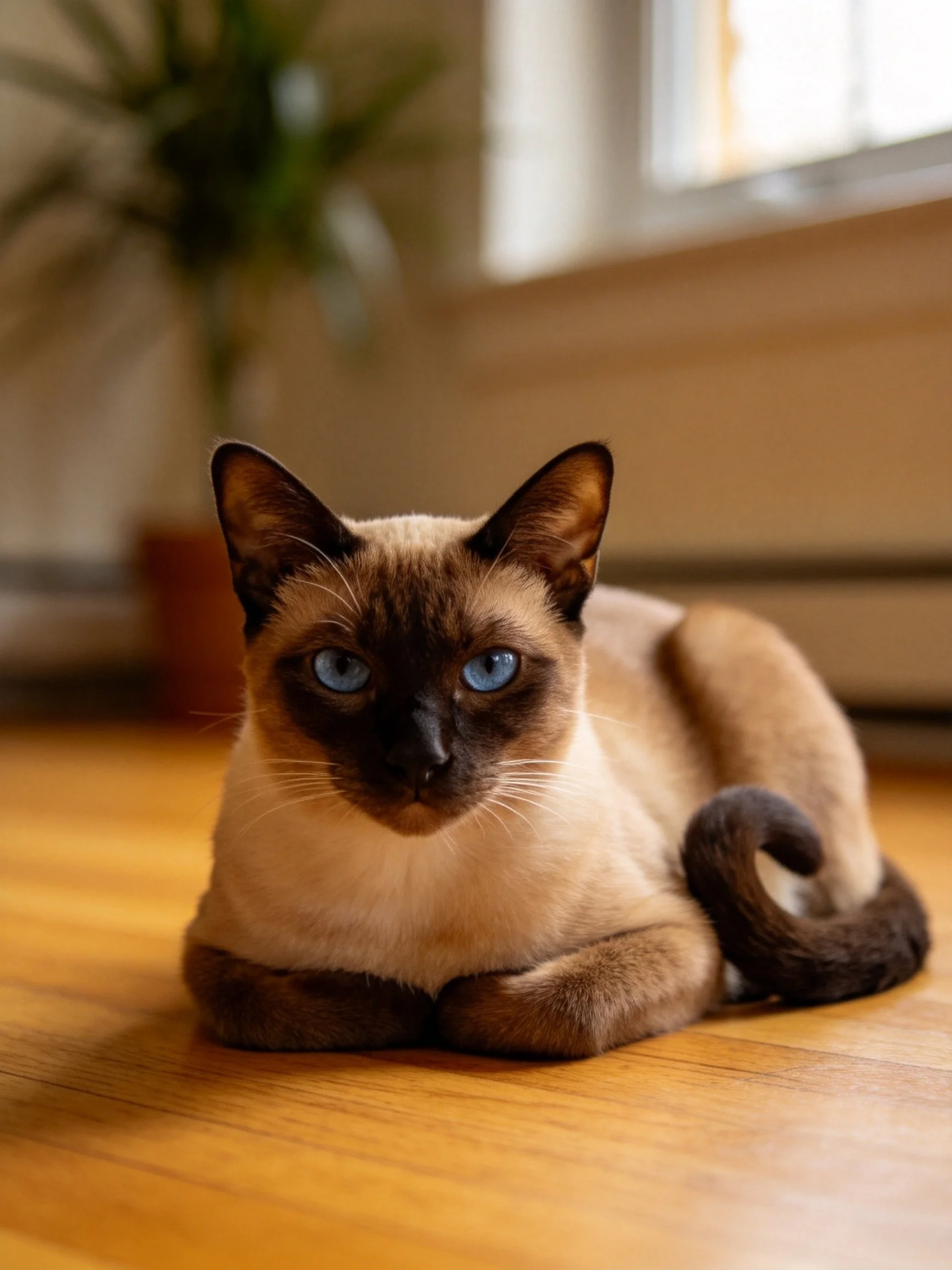 A Siamese cat with blue eyes rests on polished wooden flooring.