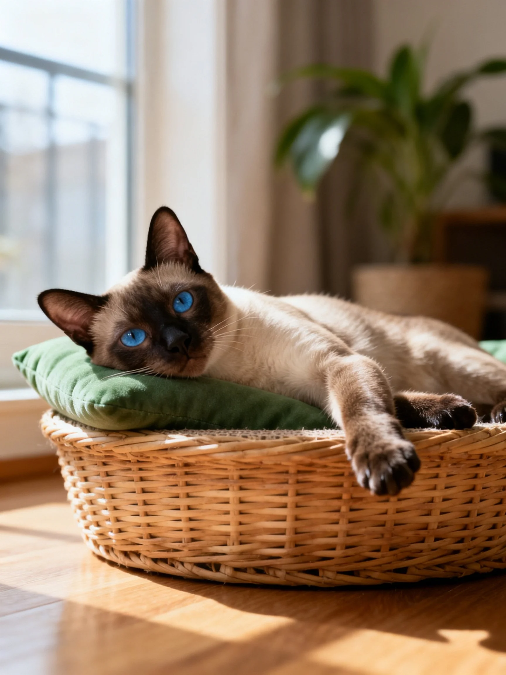 A Siamese cat with blue eyes rests in a wicker basket on a green cushion