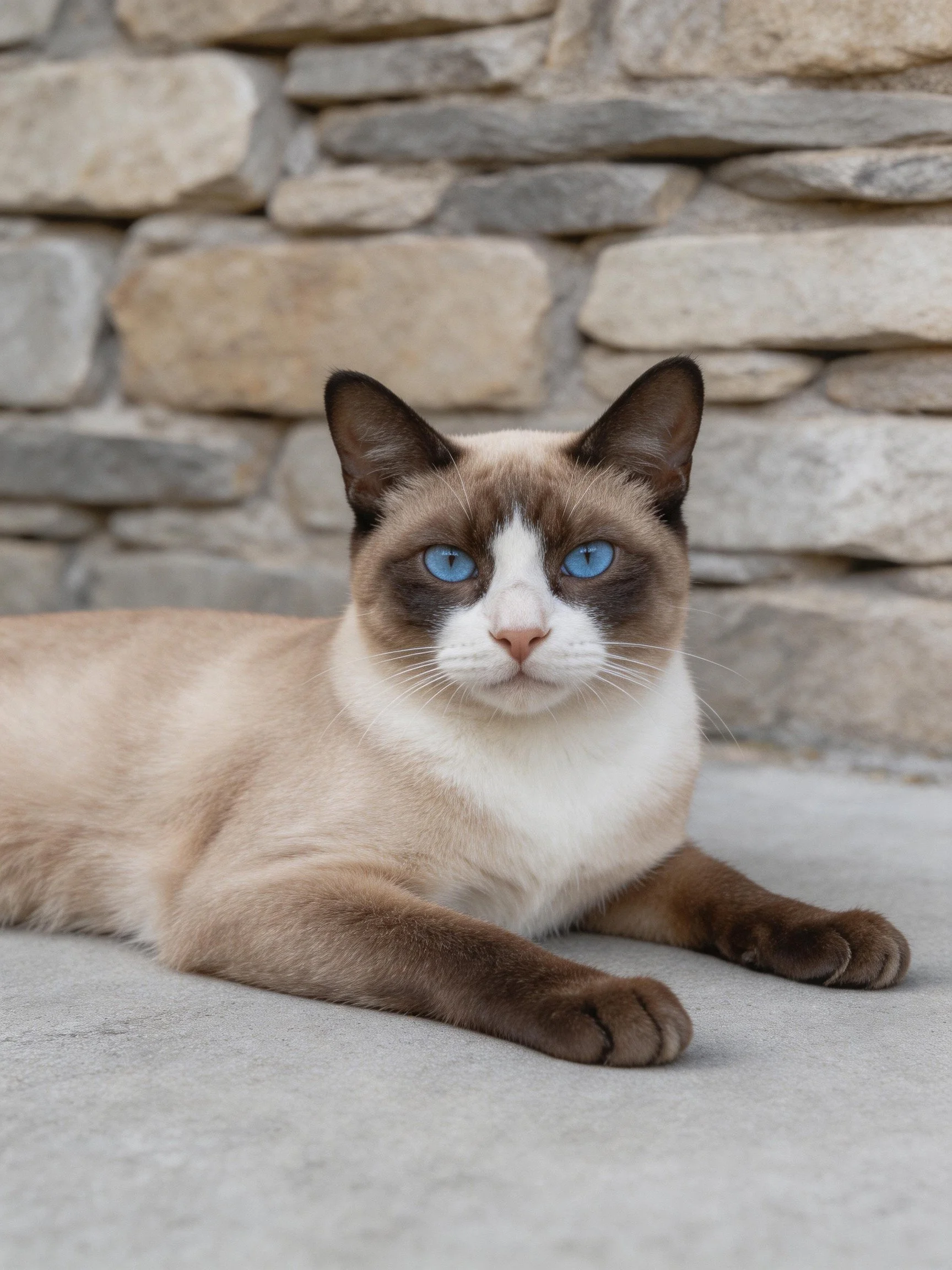 A Siamese cat with blue eyes lies calmly next to a stone wall.