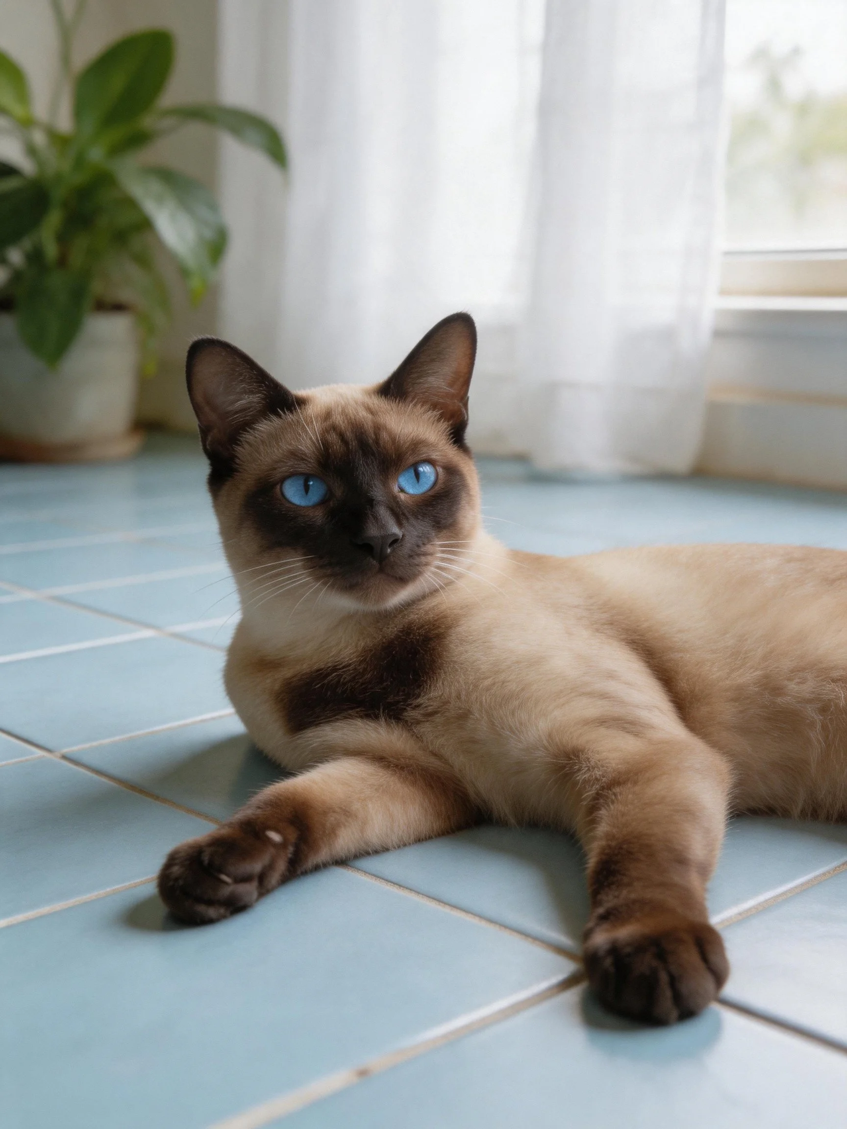 A Siamese cat with blue eyes relaxes on a tiled floor by a window.