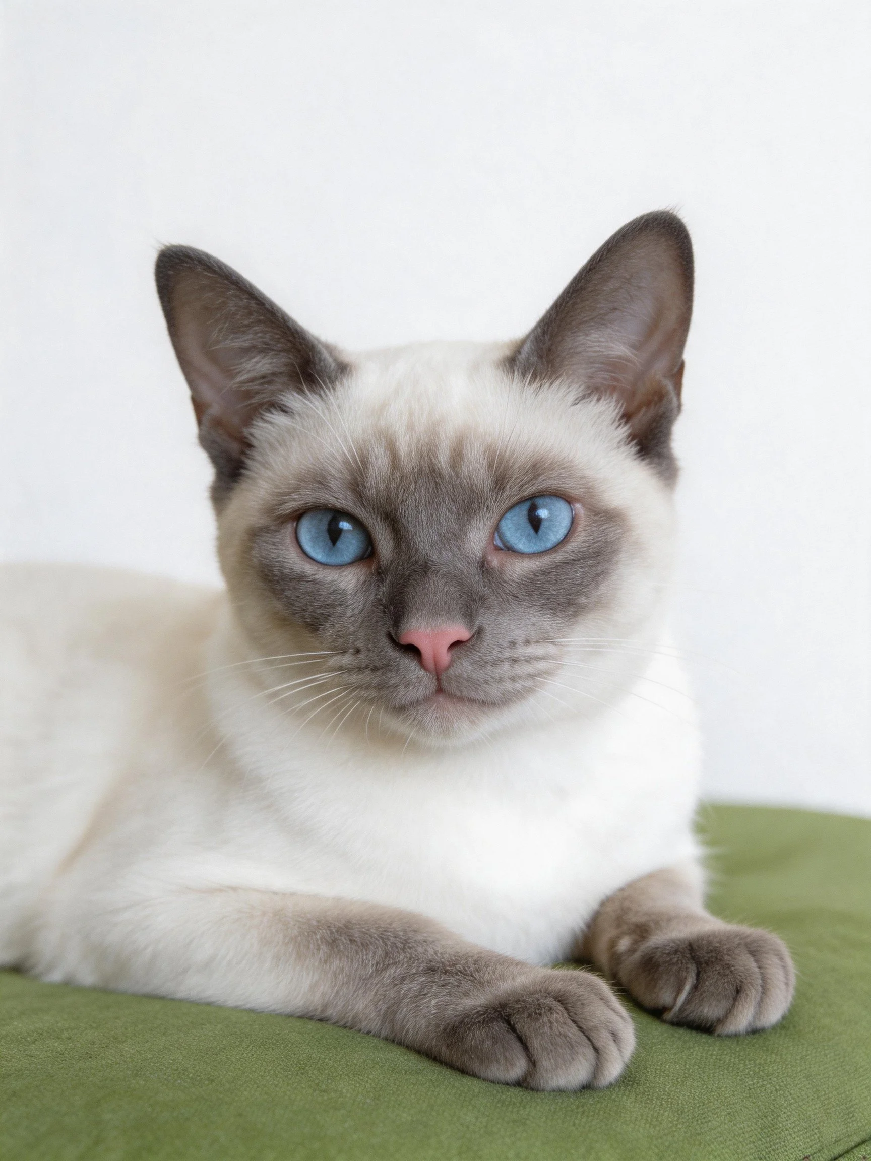 A Siamese cat with blue eyes relaxes on green fabric