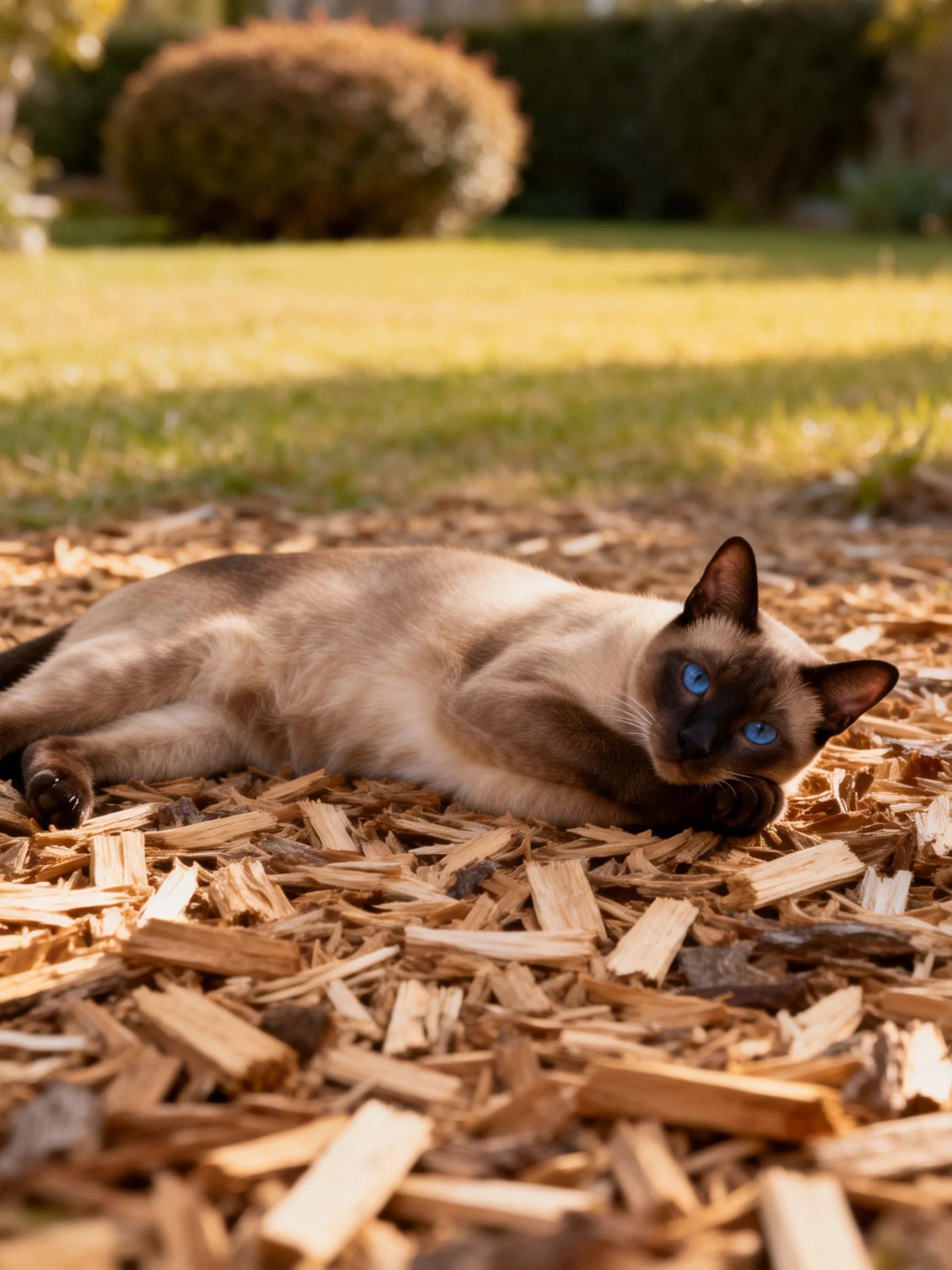 A Siamese cat with blue eyes relaxes on wood chips in a sunlit outdoor setting.