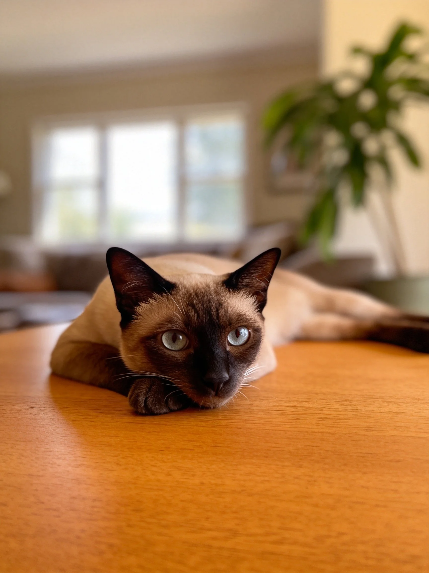 A Siamese cat with blue eyes restson a polished wooden table