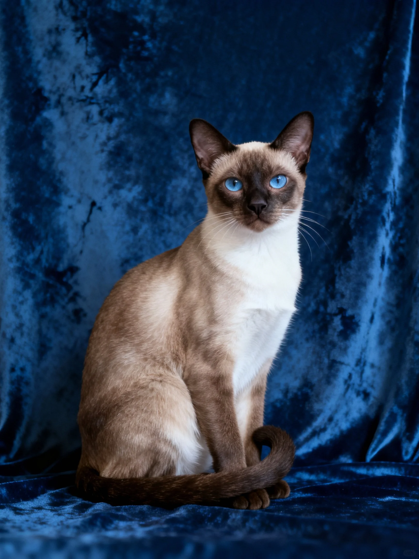 A Siamese cat with blue eyes poses on a blue velvet surface.
