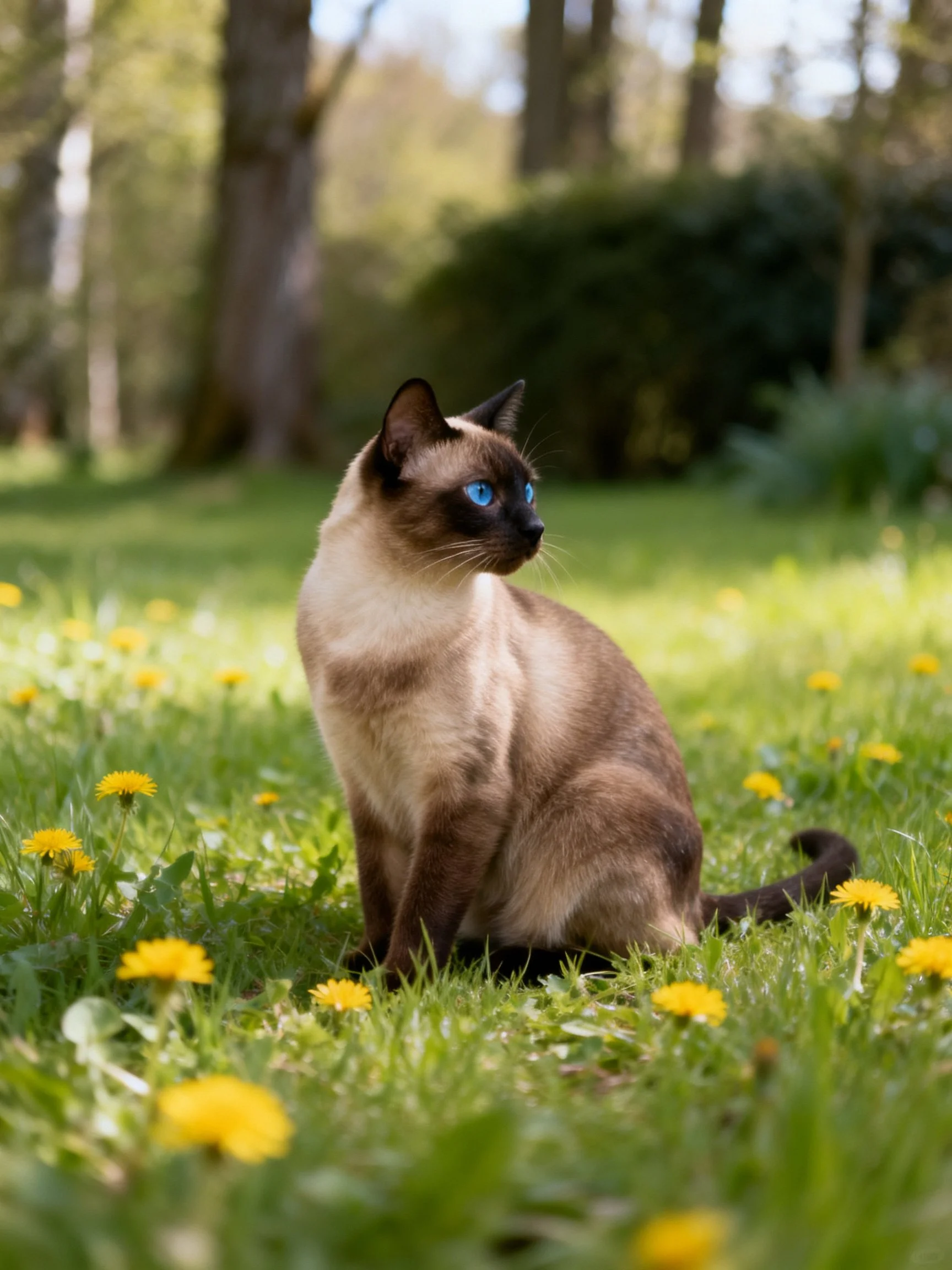 A Siamese cat with blue eyes sits among yellow flowers in a sunlit meadow