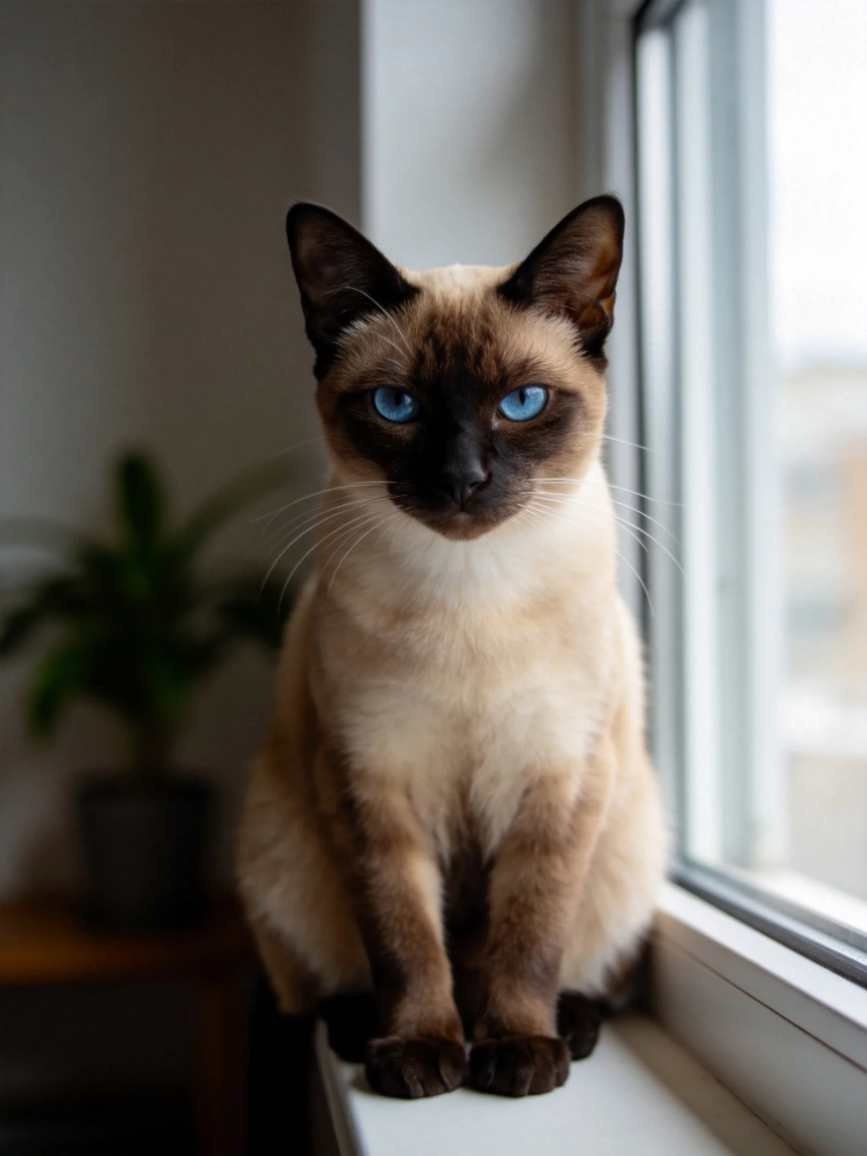 A Siamese cat with blue eyes sits by a bright window