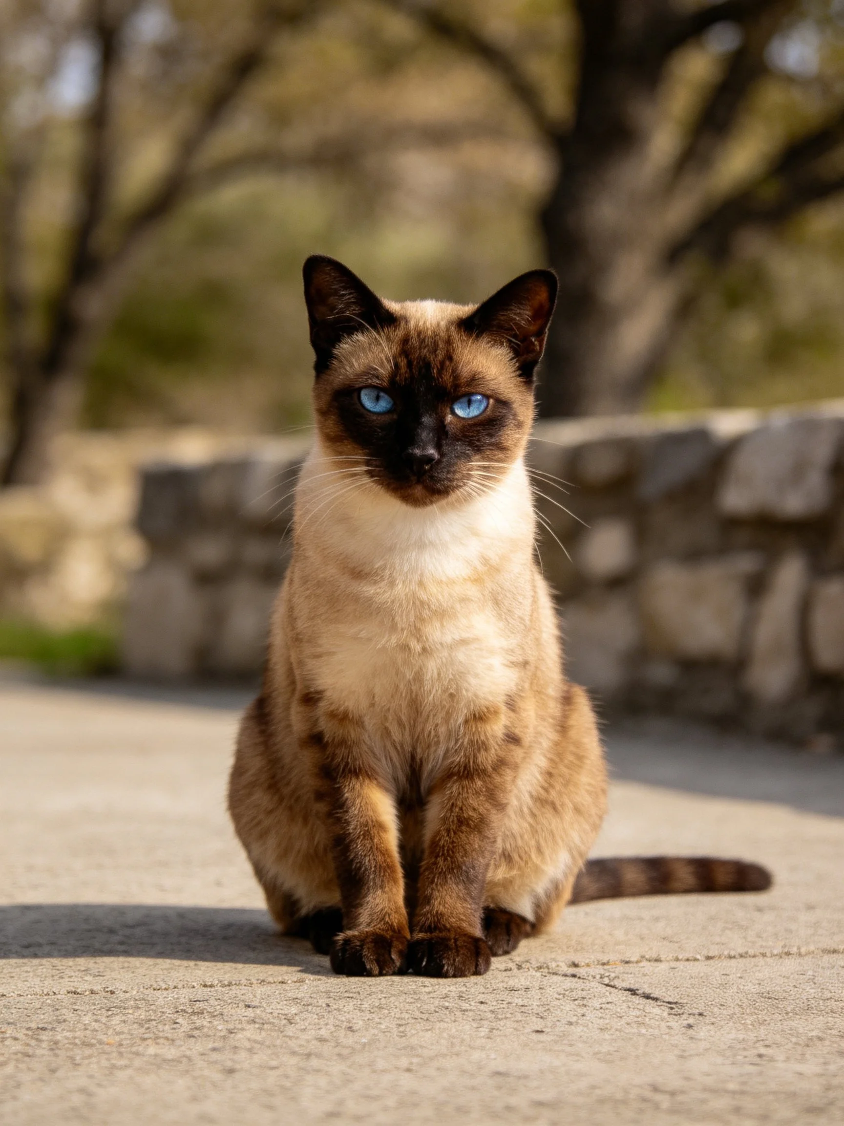 A Siamese cat with bright blue eyes sits calmly on concrete beside a stone wall.