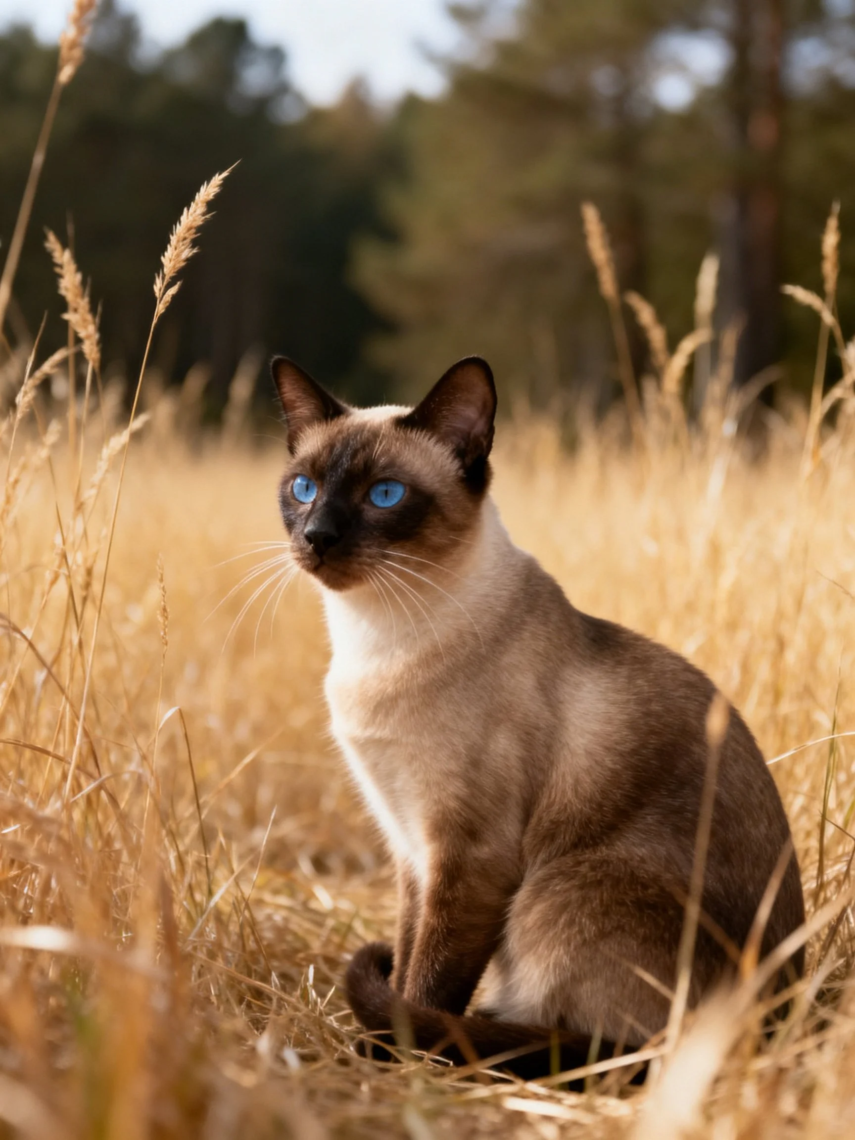 A Siamese cat with blue eyes sits in golden grass near trees