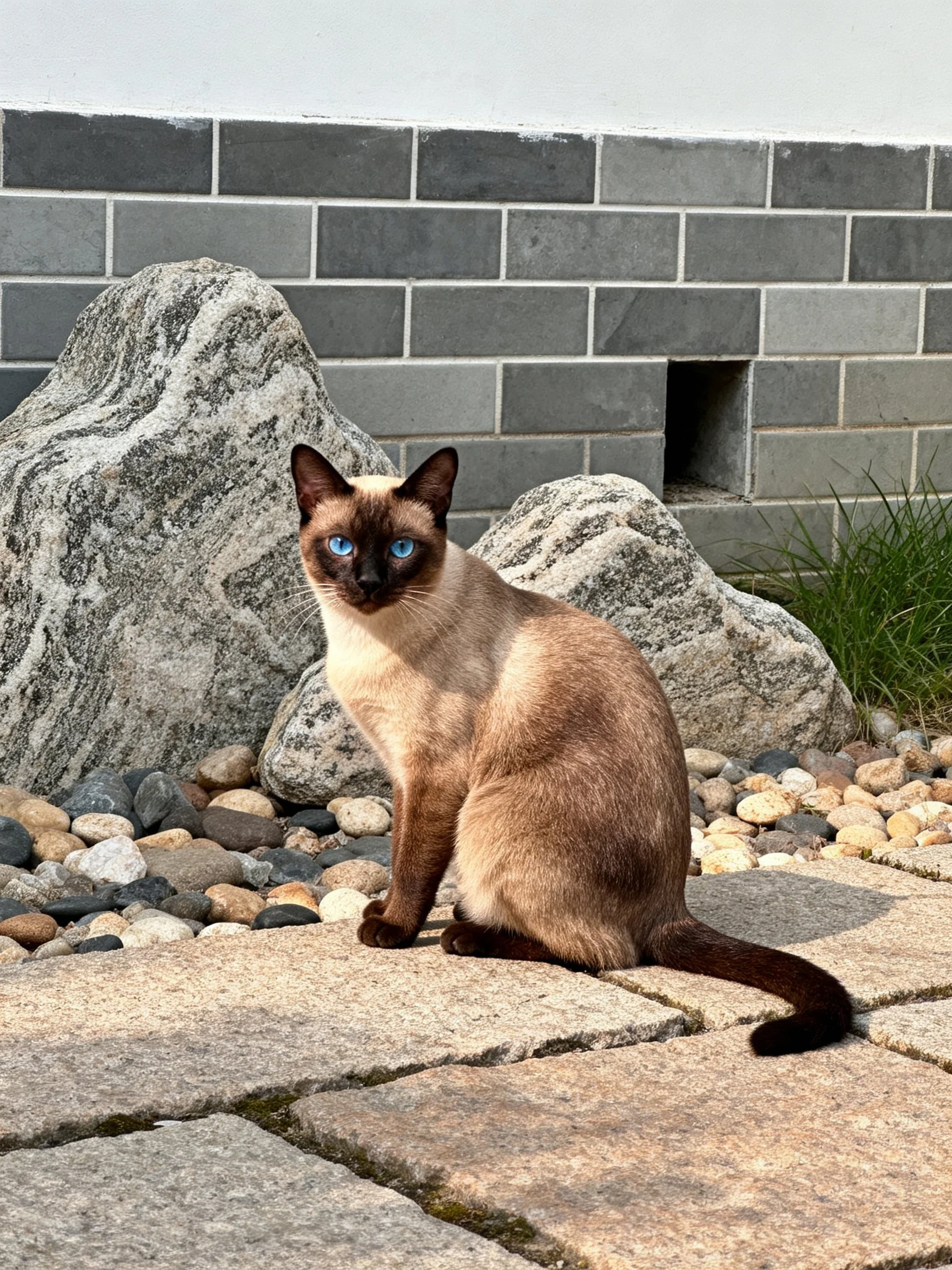 A Siamese cat with blue eyes sits near rocks and a gray brick wall.
