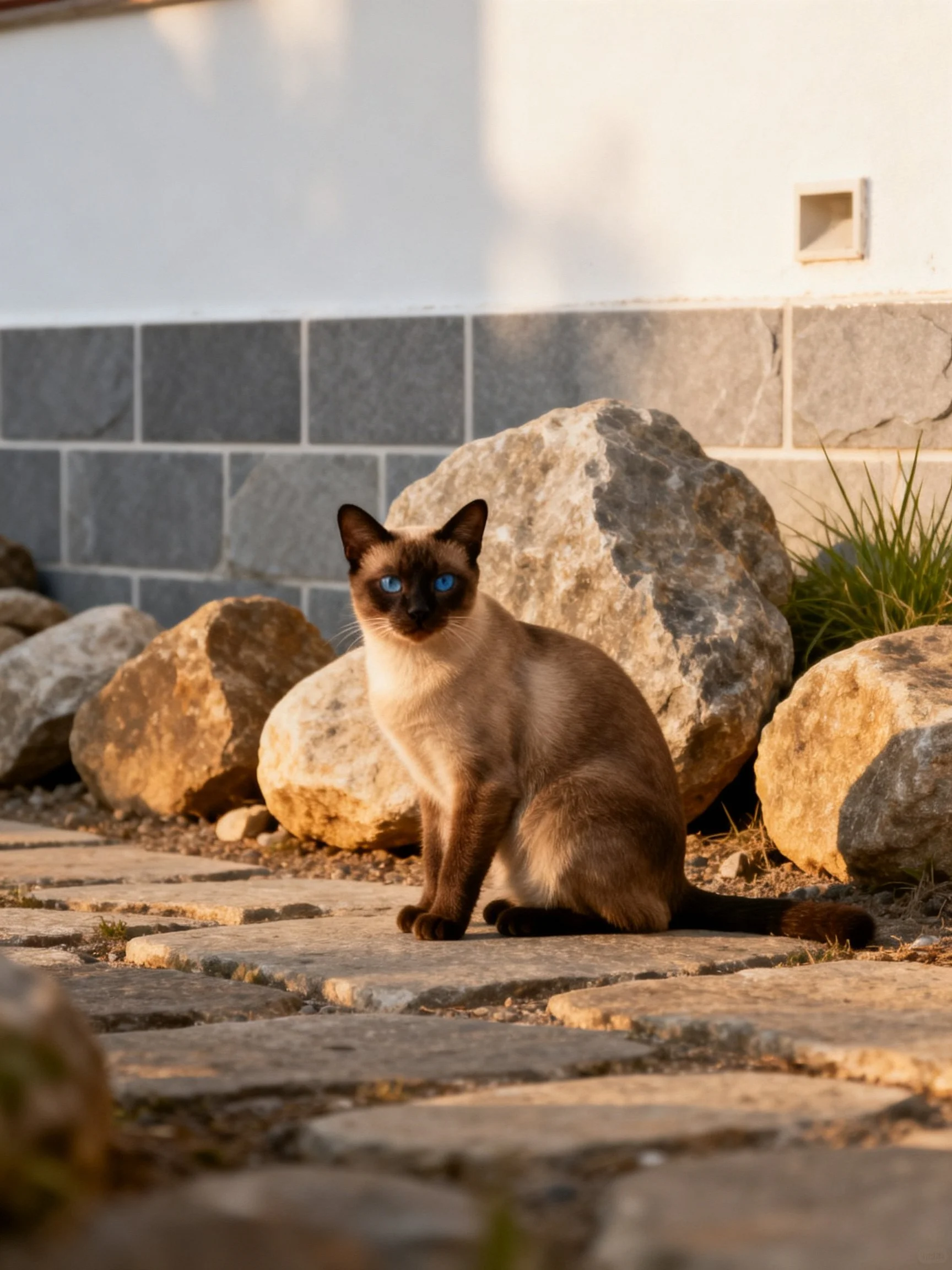 A Siamese cat with blue eyes sits near large rocks by a tiled wall