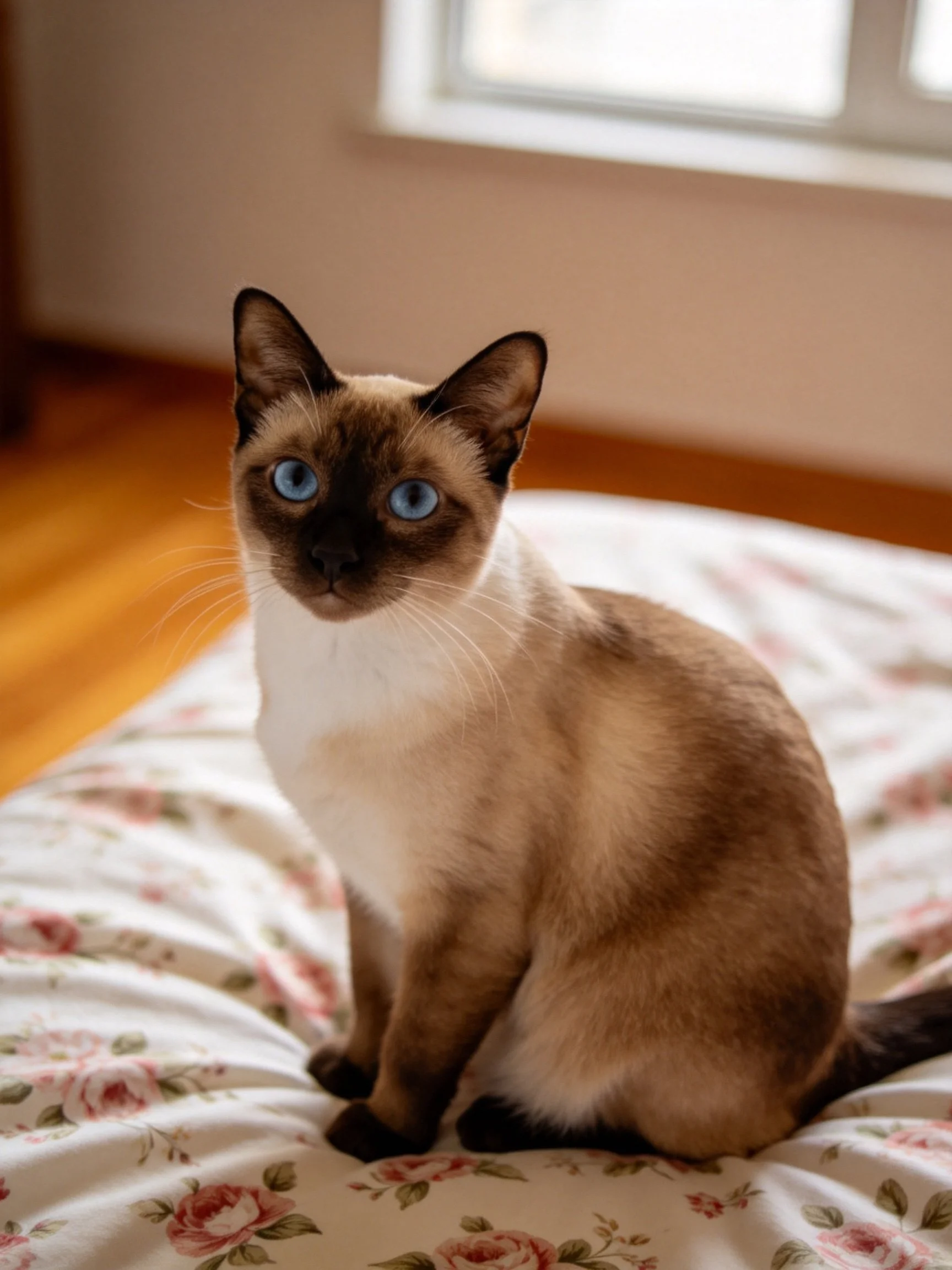 A Siamese cat with bright blue eyes rests on a flowered bed in asunlit room.