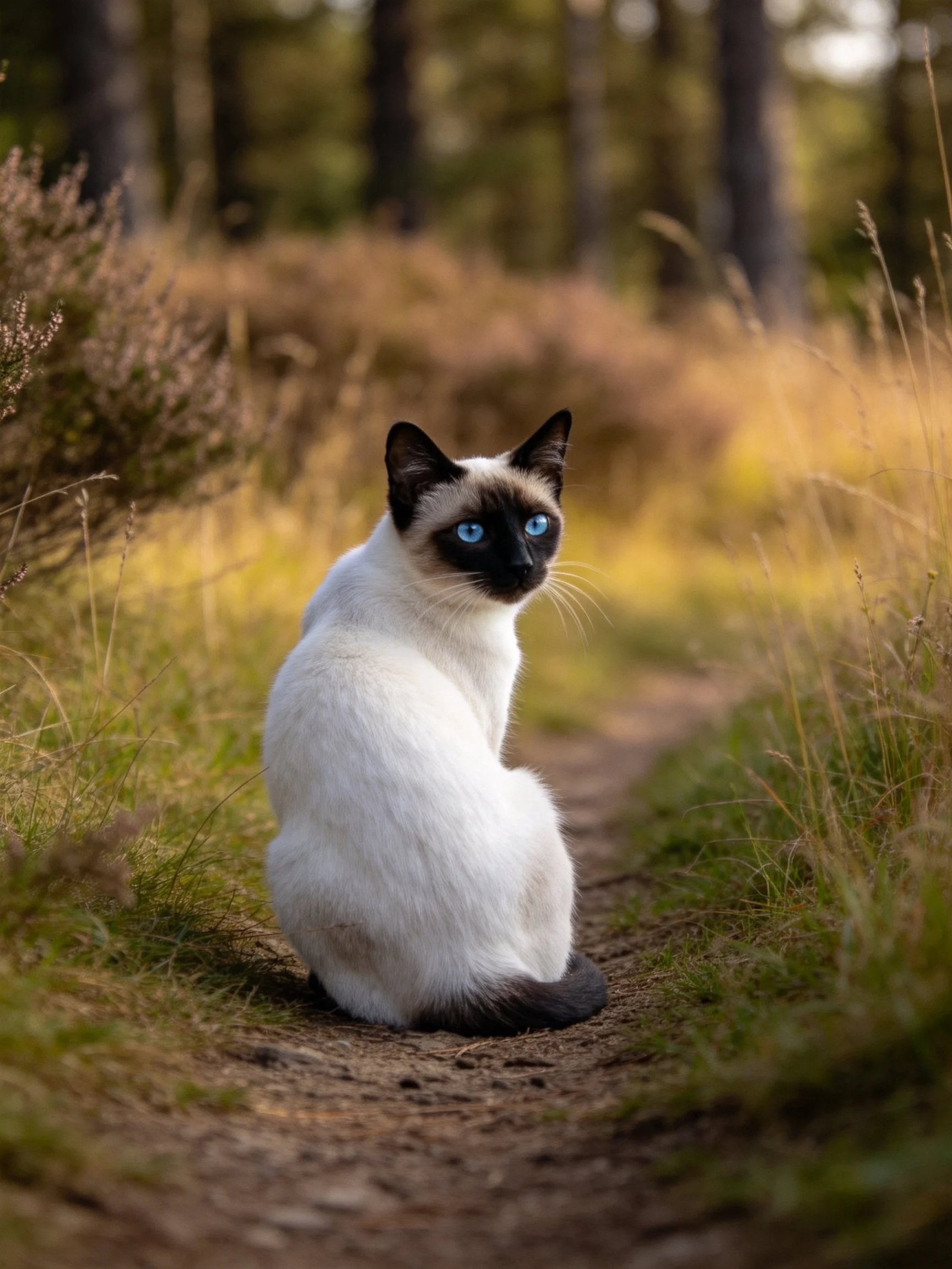 A Siamese cat with blue eyes sits on a forest path surrounded by tall vegetation.