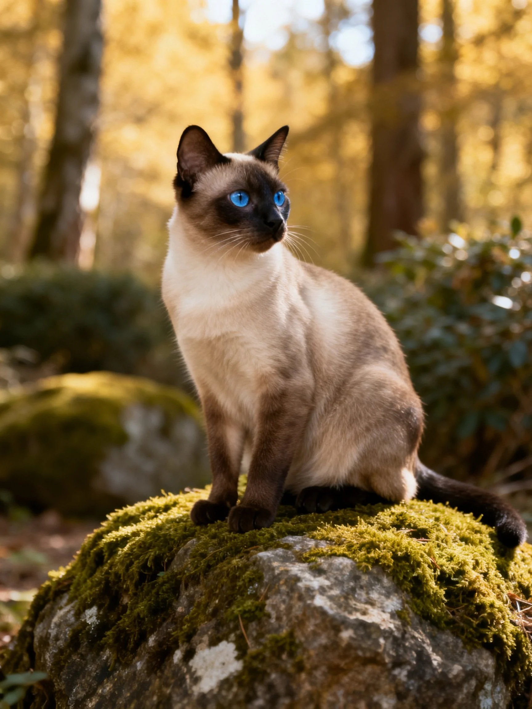 A Siamese cat with blue eyes sits on a mossy rock in a sunlit forest