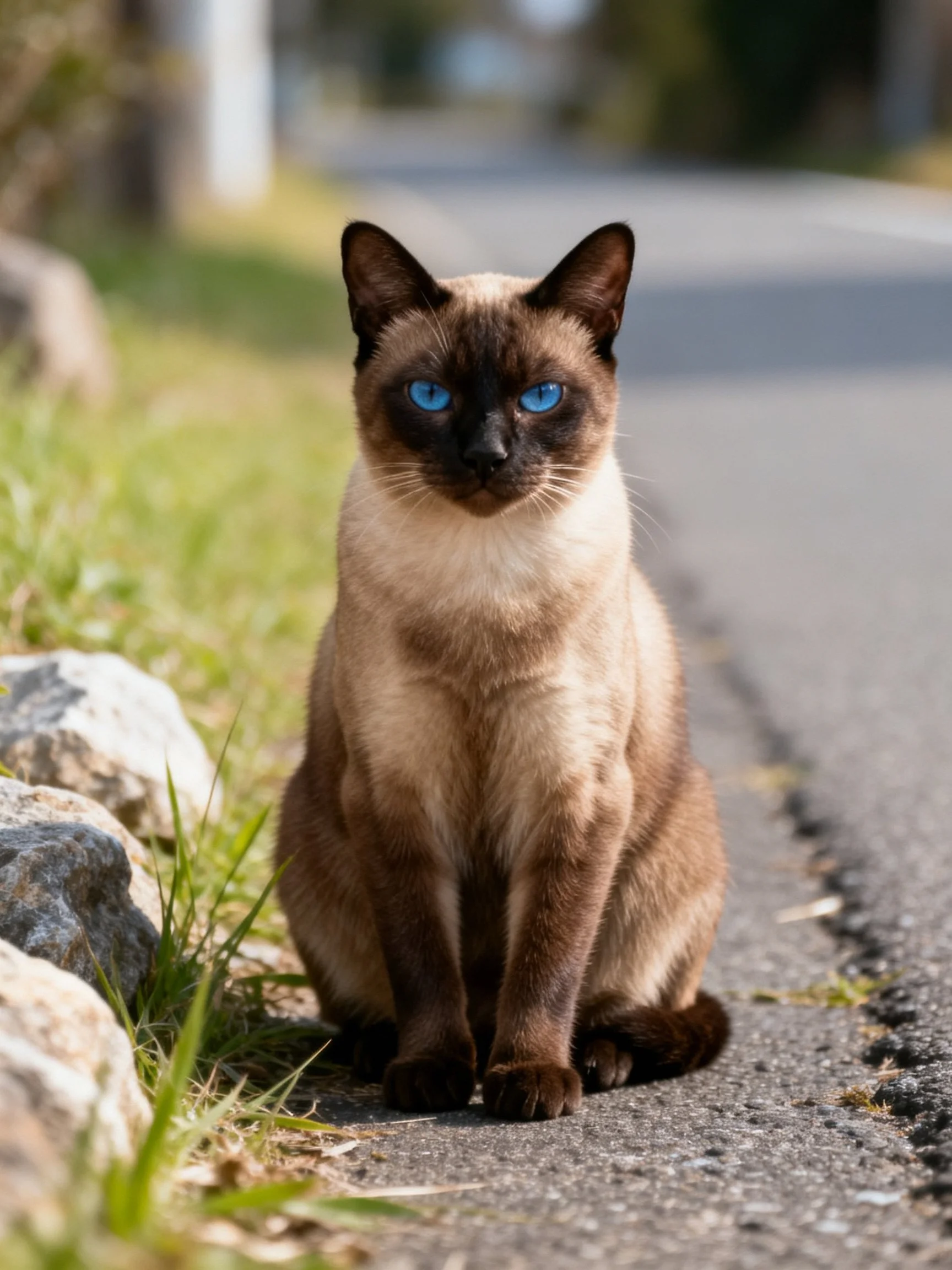 A Siamese cat with blue eyes sits calmly on a paved path.