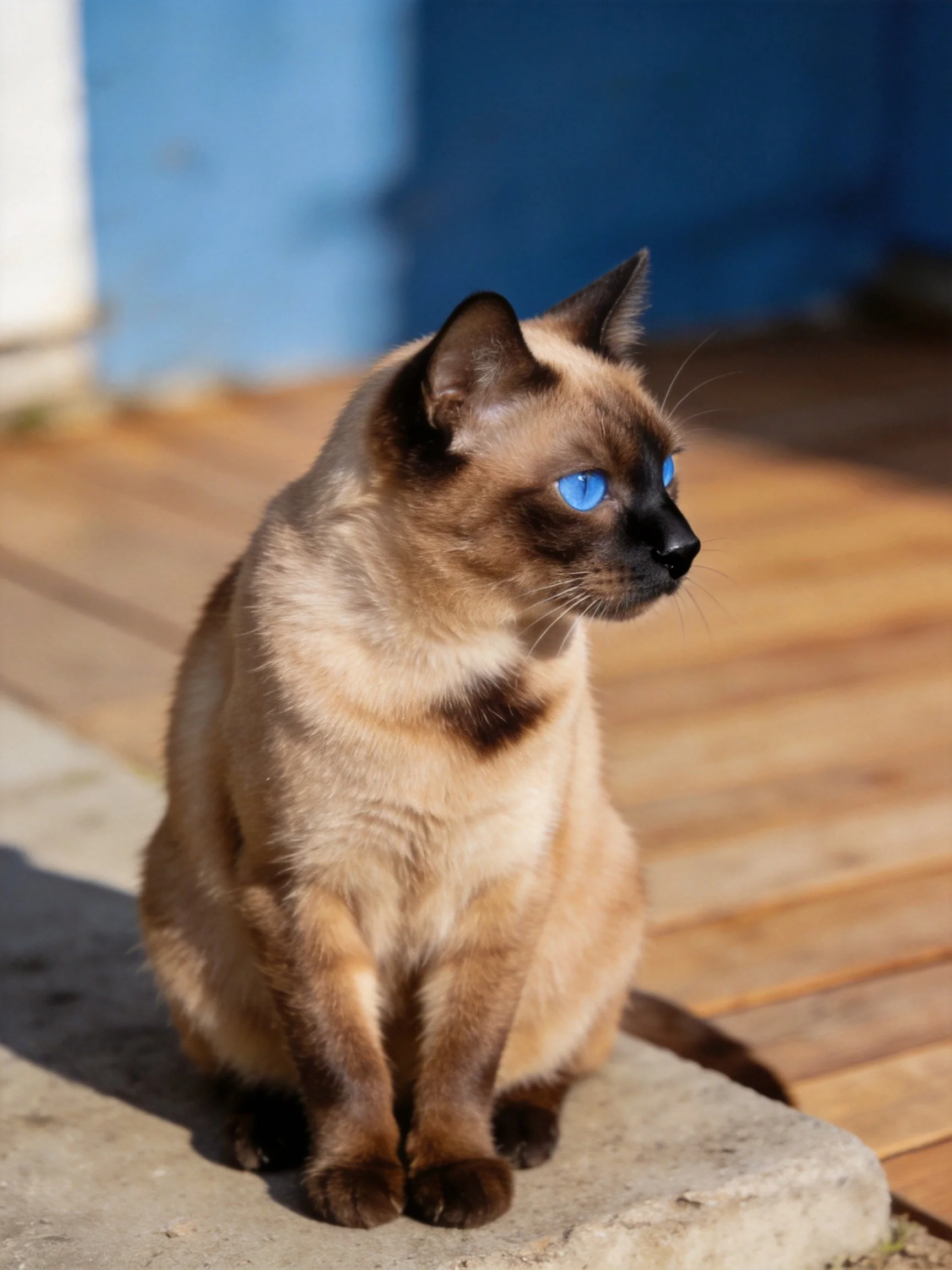 A Siamese cat with blue eyes sits on a stone ledge near wooden flooring