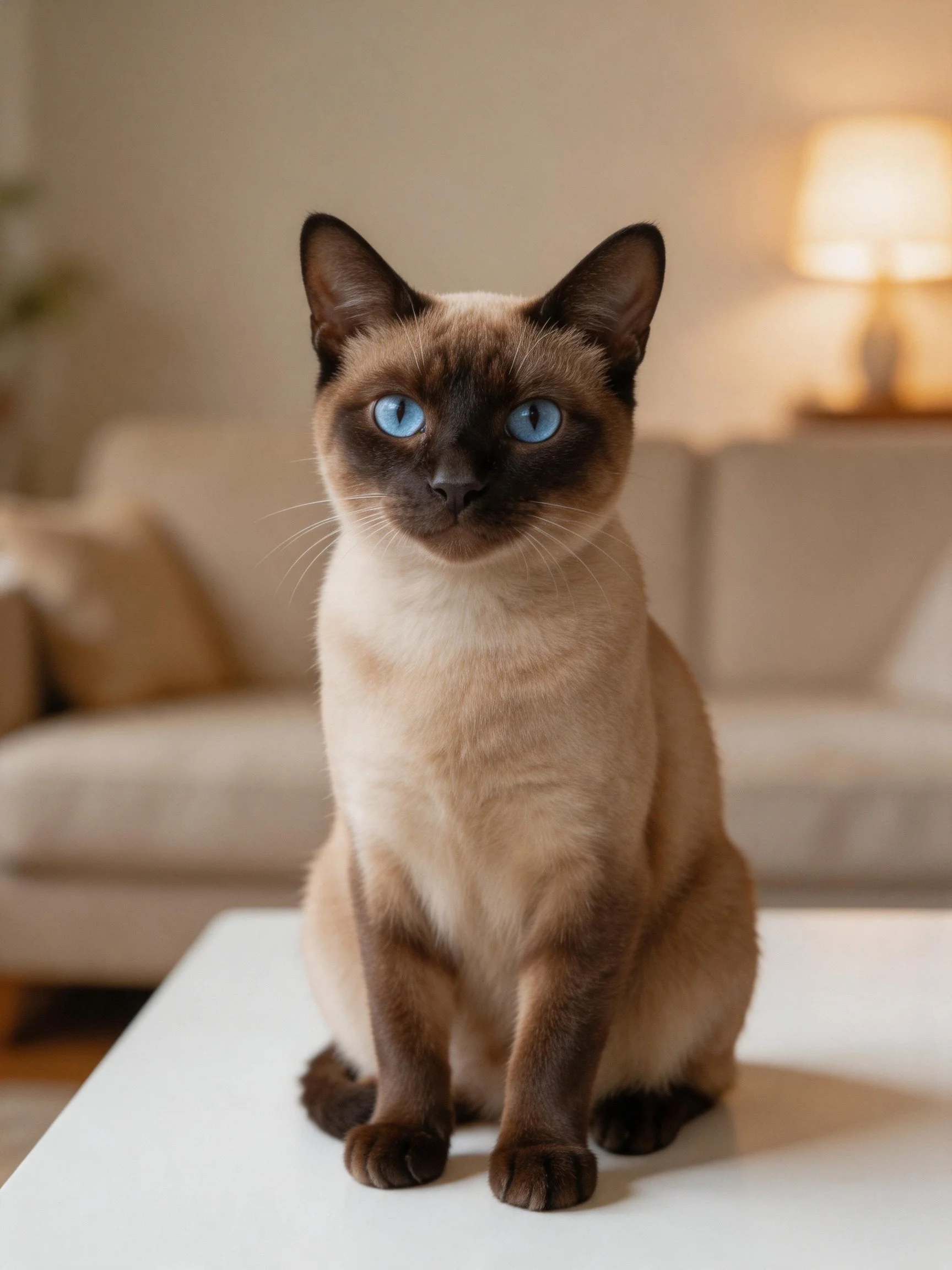 A Siamese cat with blue eyes rests on a white table in a warmly lit living room.