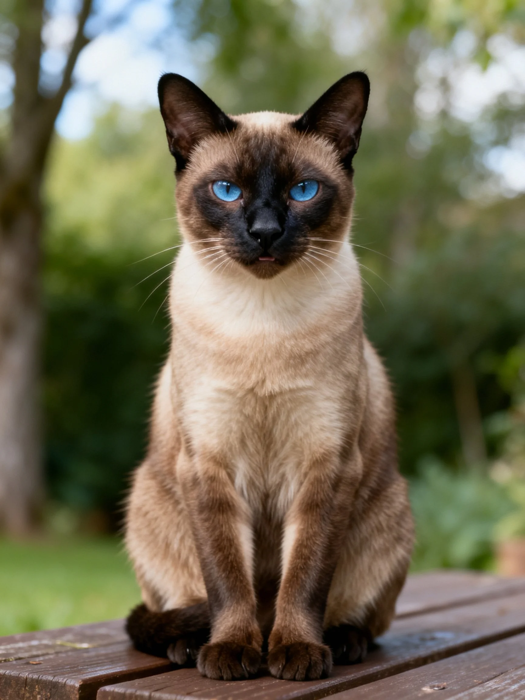 A Siamese cat with blue eyes sits on a wooden bench outdoors