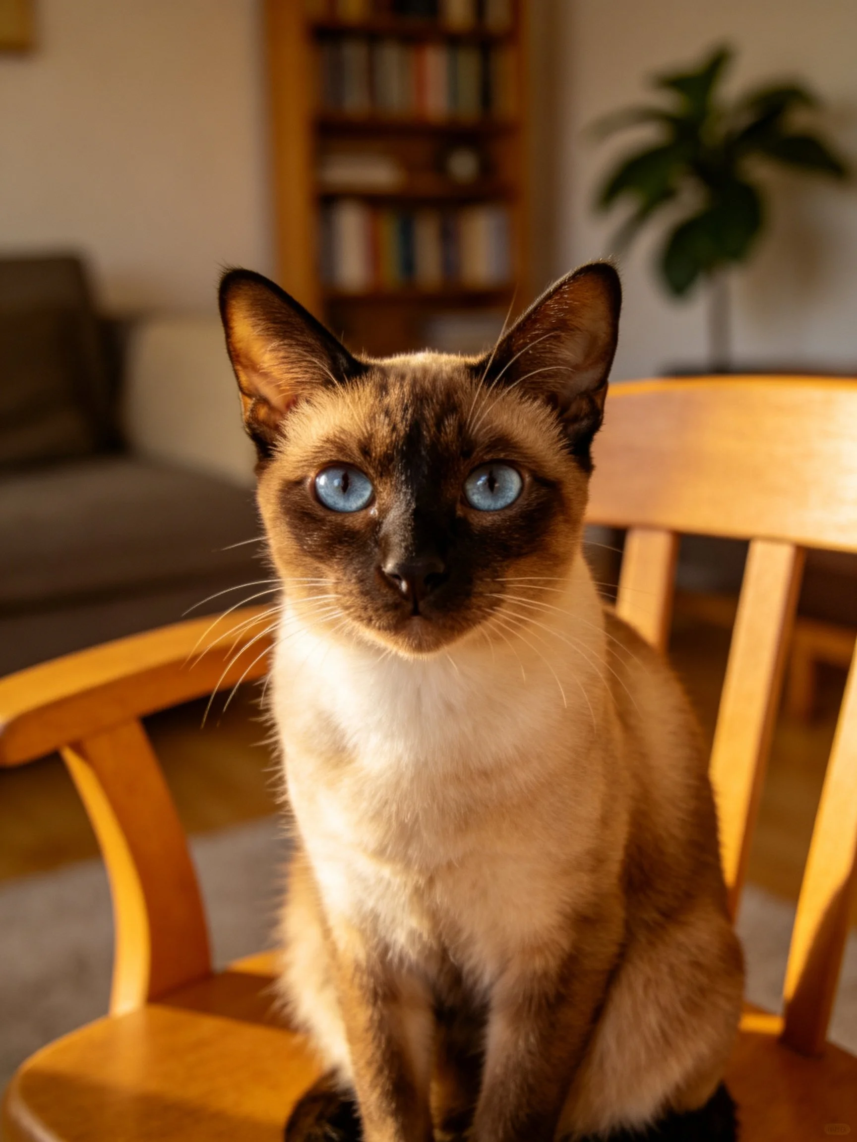 A Siamese cat with blue eyes sits on a wooden chair in a cozy room