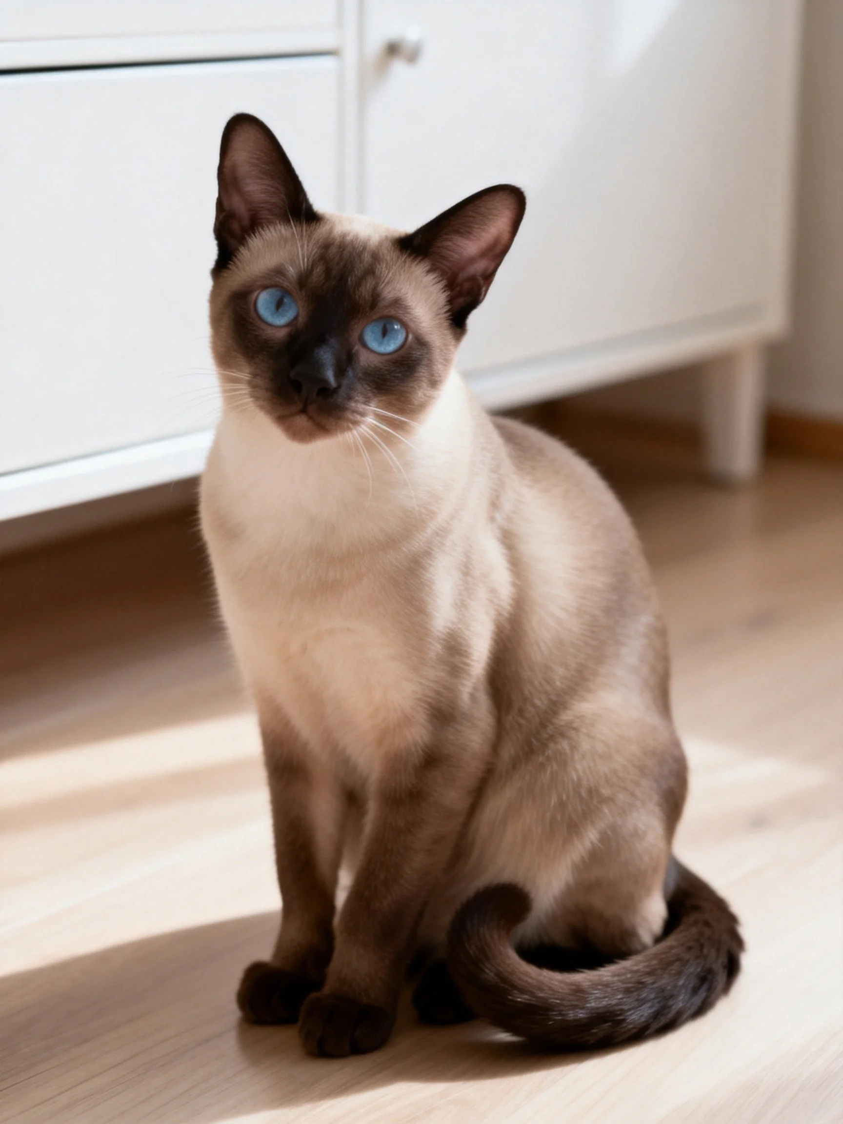 A Siamese cat with blue eyes sits calmly on a wooden floor beside white cabinetry.