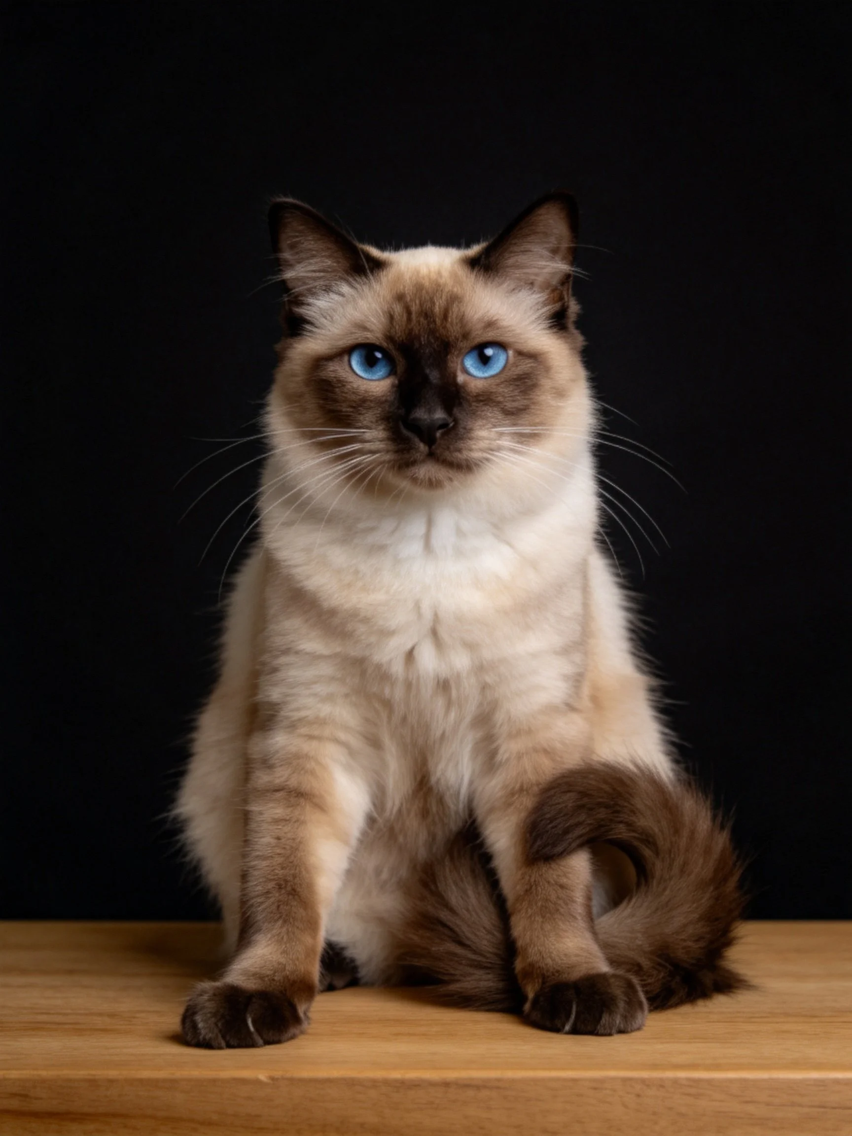A Siamese cat with blue eyes sits calmly on a wooden surface.