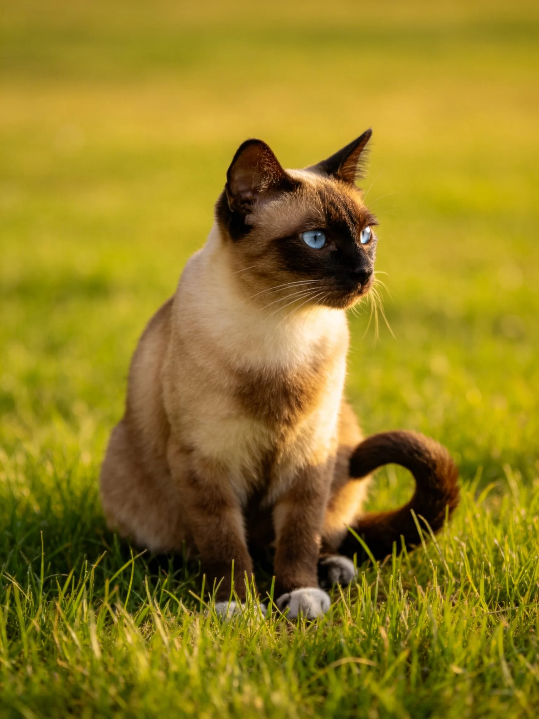A Siamese cat with blue eyes sits on green grass in a sunlit environment.