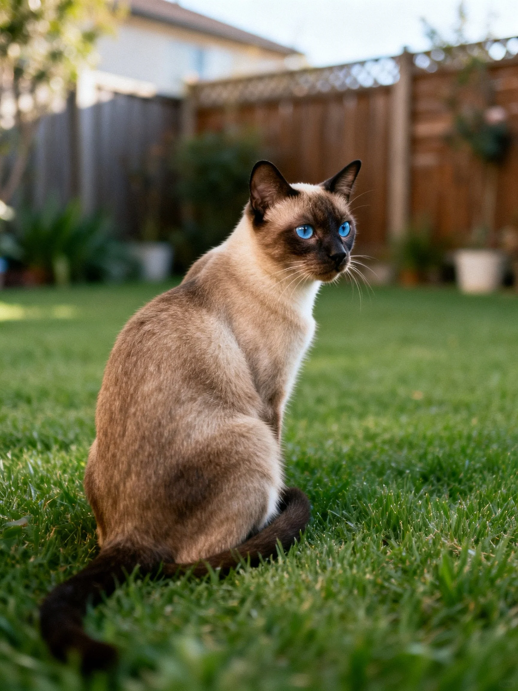 A Siamese cat with blue eyes sits on grass in a backyard.
