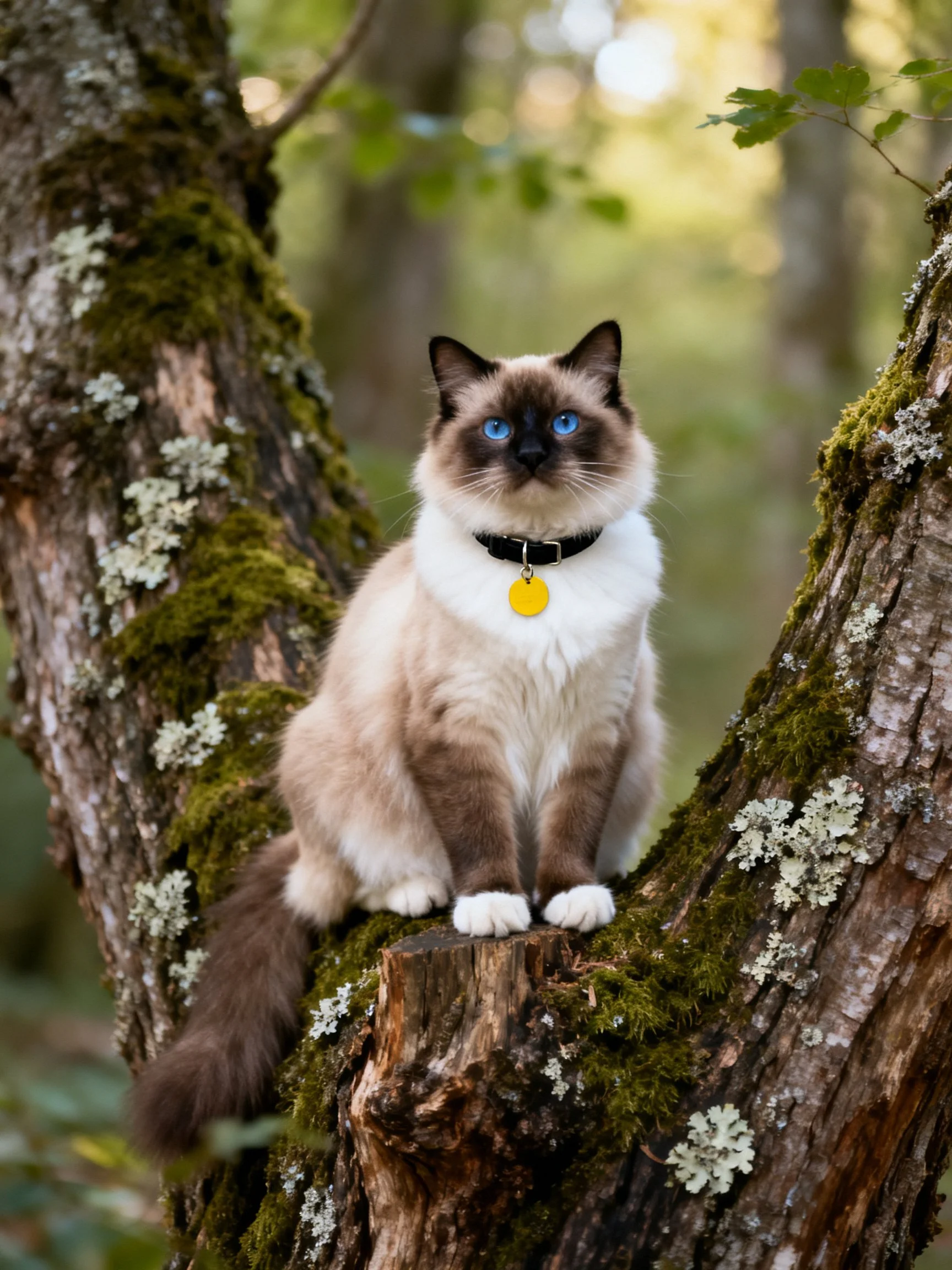 A Siamese cat with blue eyes sits on moss-laden tree branches