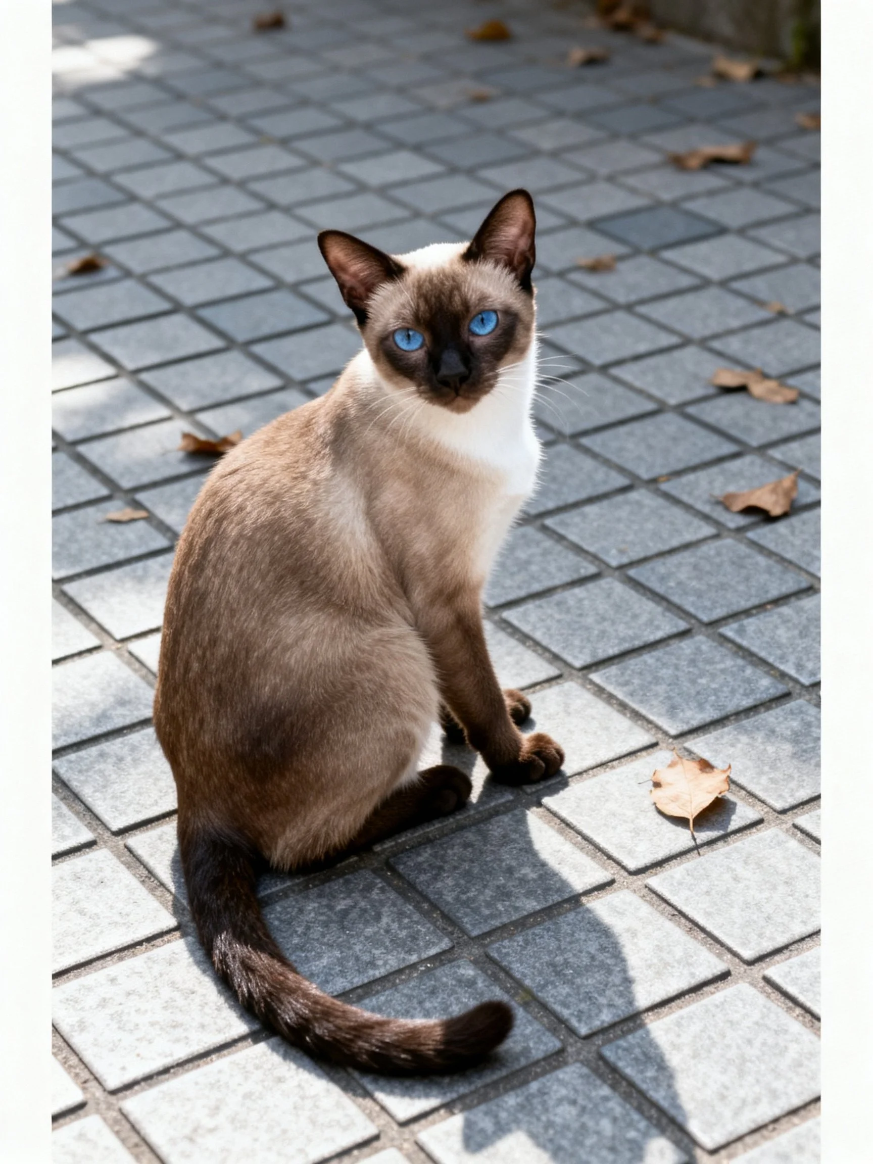 A Siamese cat with blue eyes sits on a tiled surface amid scattered dry leaves.