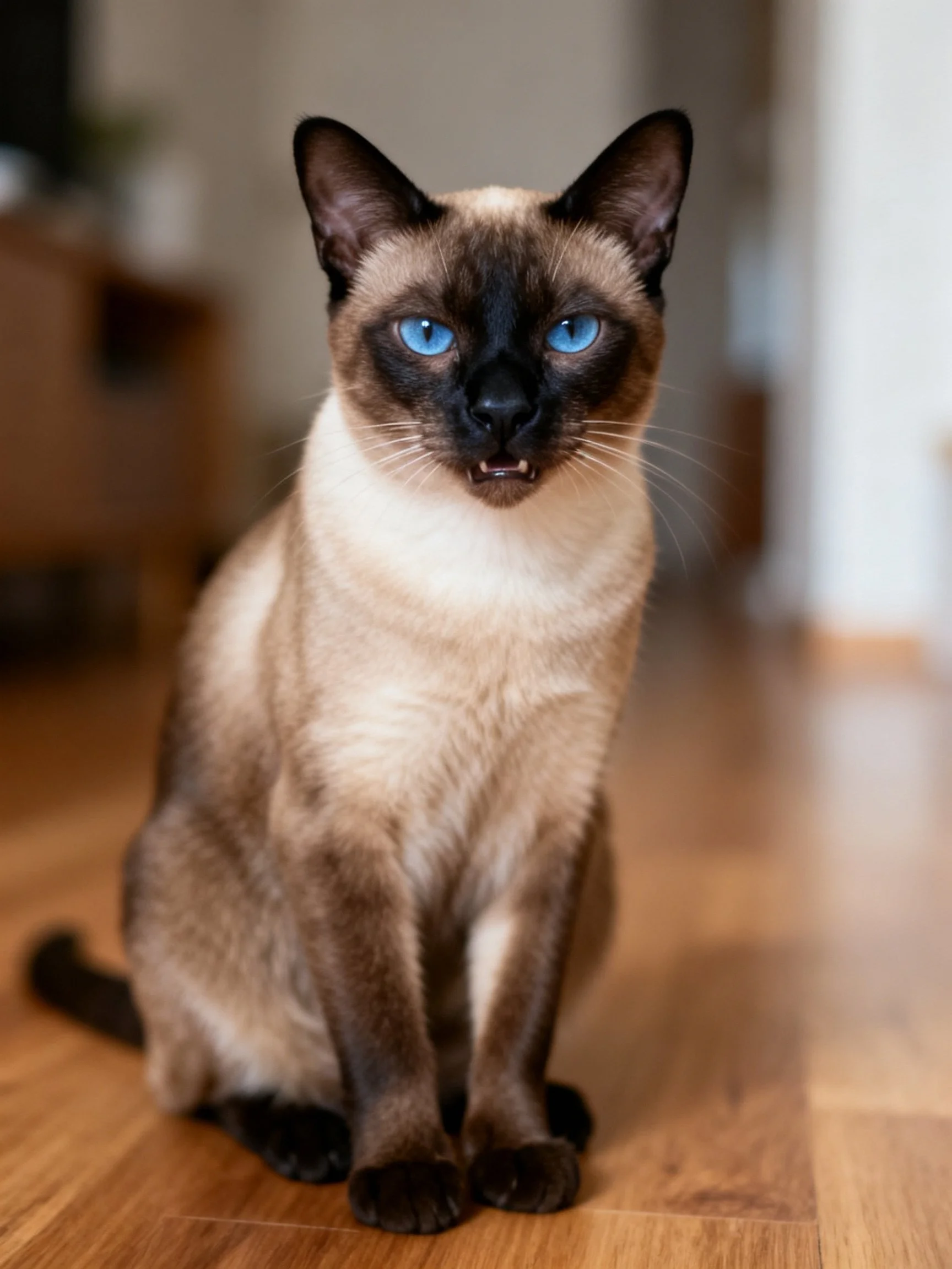 A Siamese cat with striking blue eyes sits calmly on polished wood flooring.