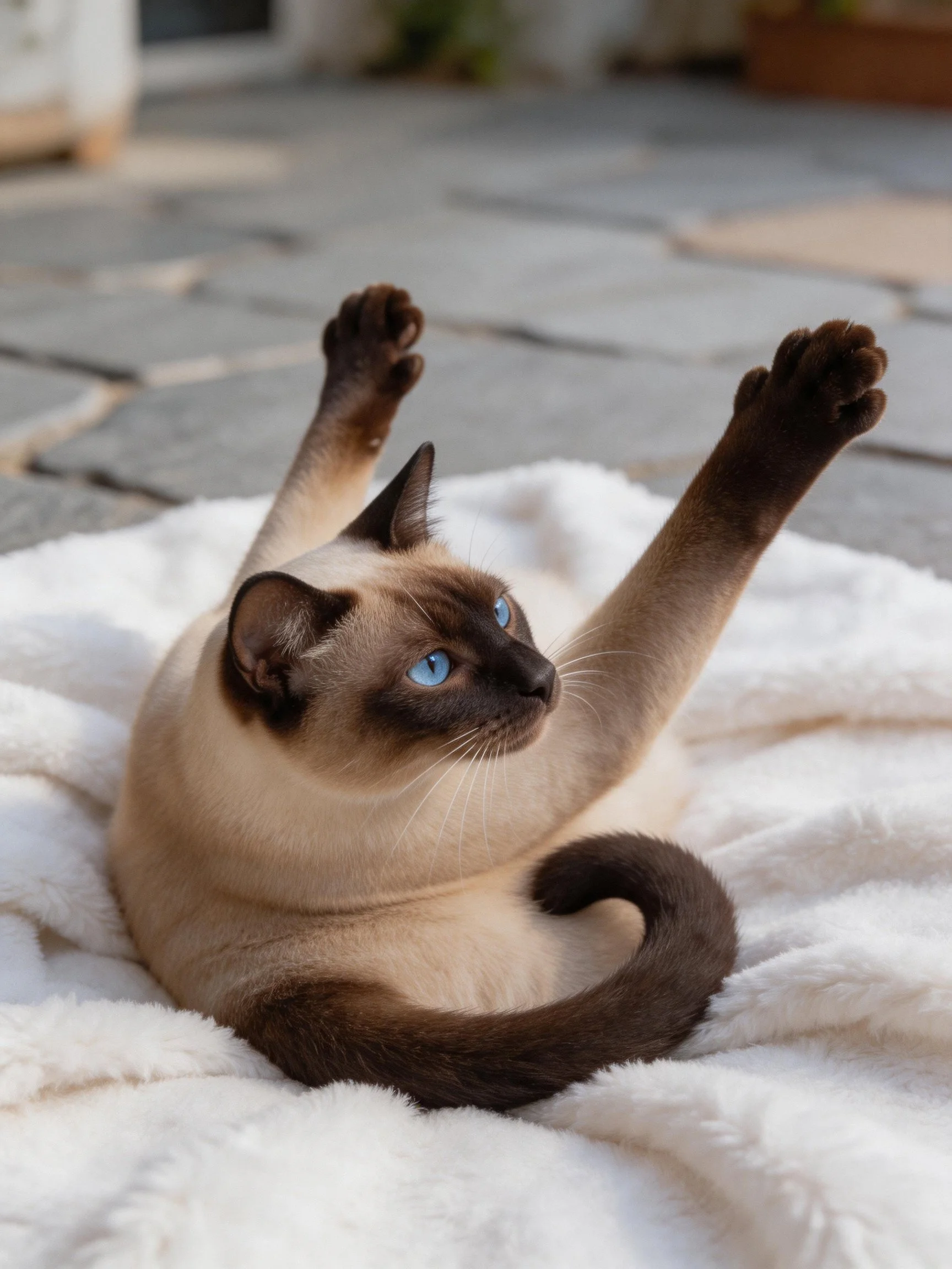A Siamese cat with blue eyes stretches on a plush white blanket outdoors