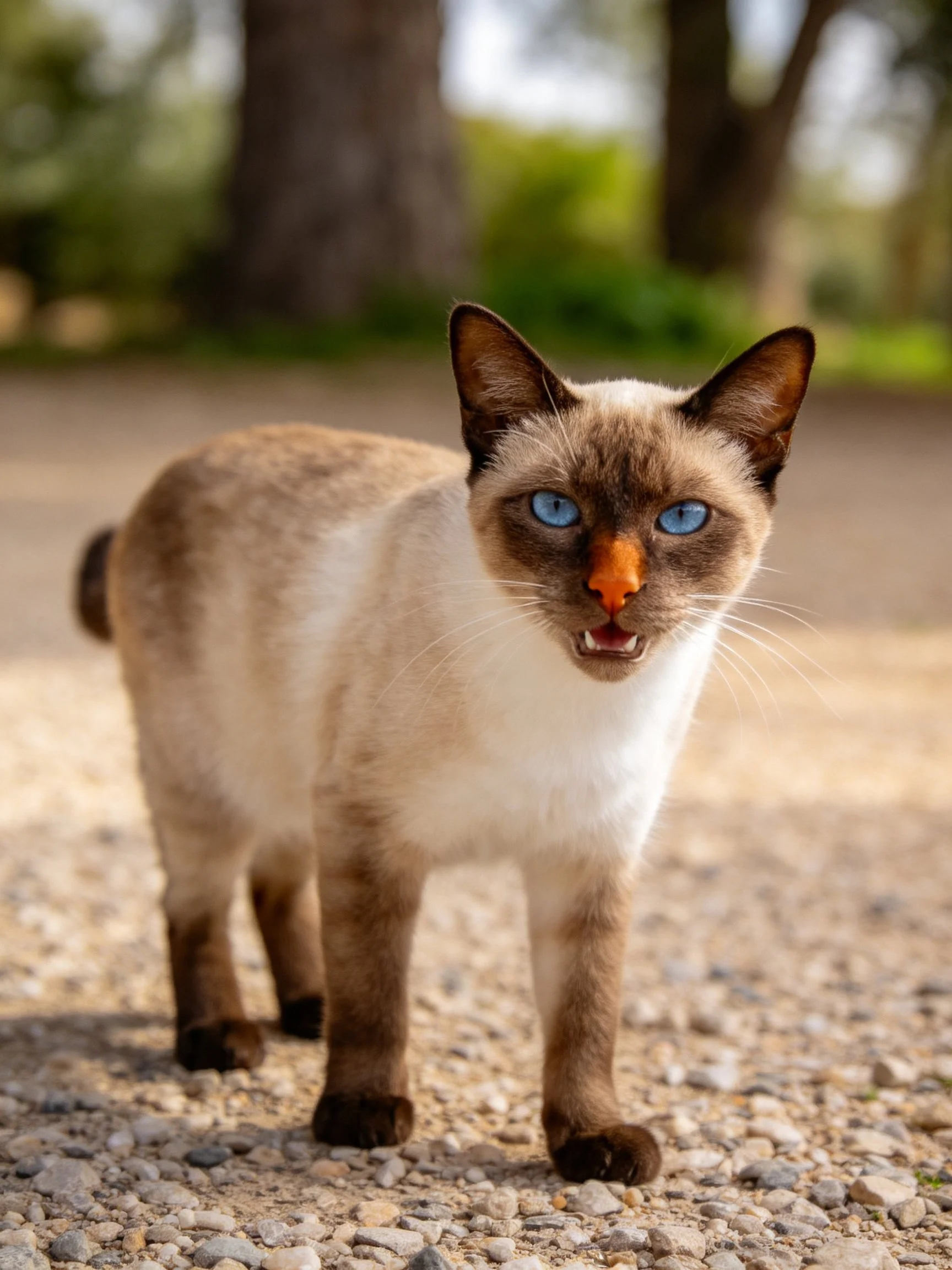 A Siamese cat with blue eyes walking on gravel near trees
