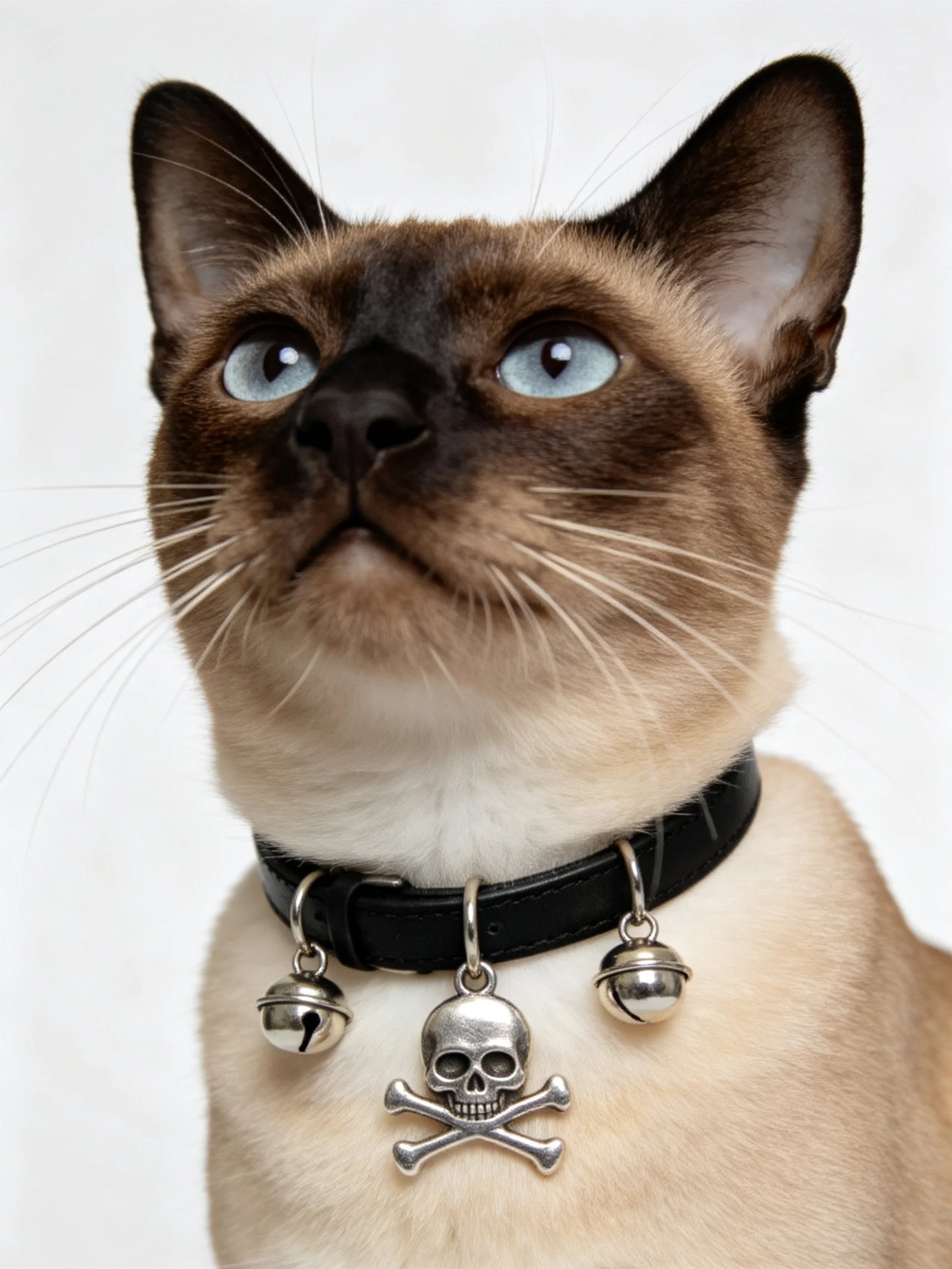 A Siamese cat with blue eyes wears a black collar with silver skull and bells