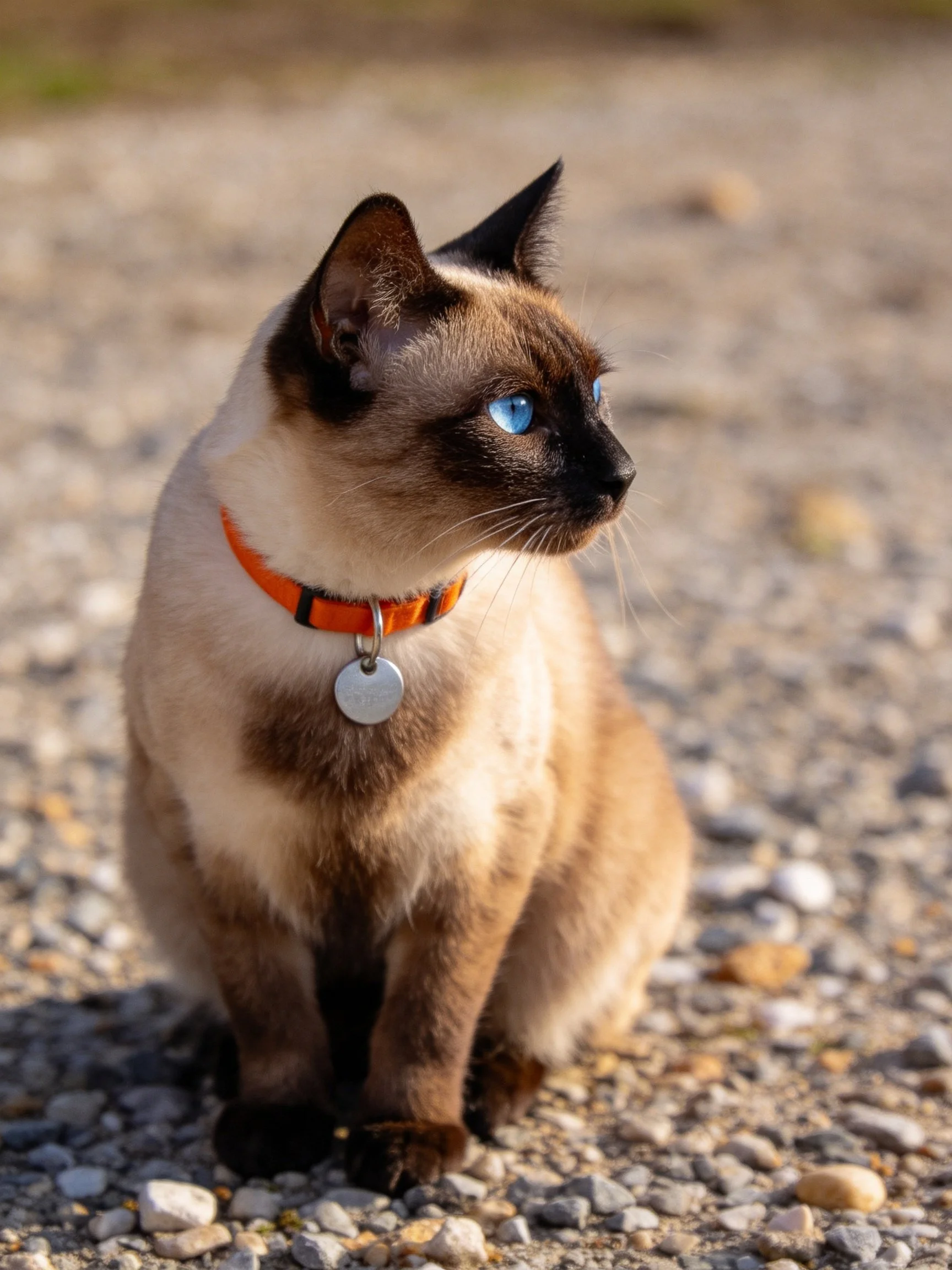 A Siamese cat with blue eyes wears an orange collar on gravel