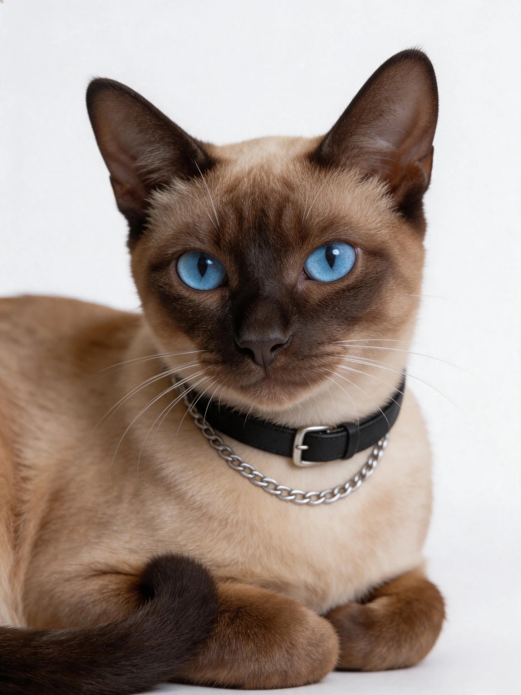 A Siamese cat with blue eyes wears a collar, resting against a plain white backdrop.