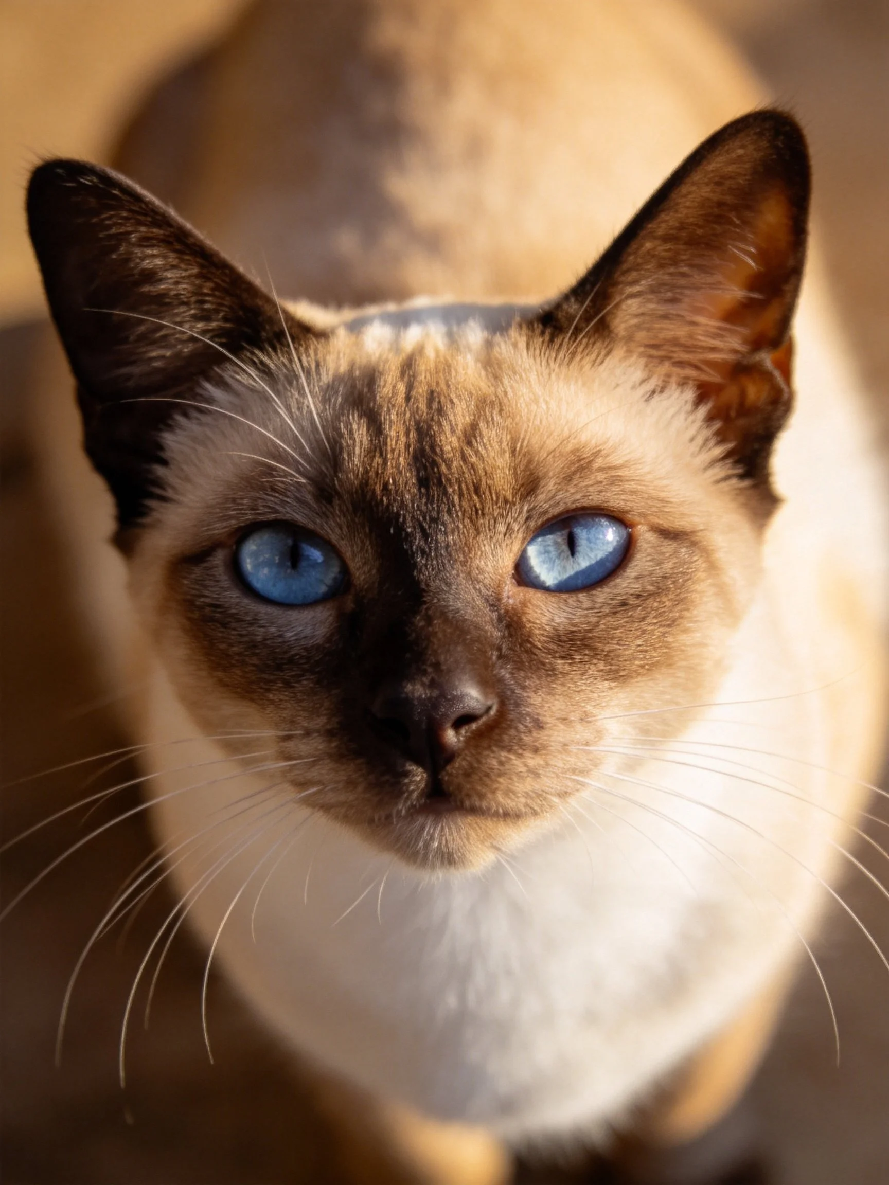 A close-up of a Siamese cat displaying vivid blue eyes and distinct brown-and-white coloring.