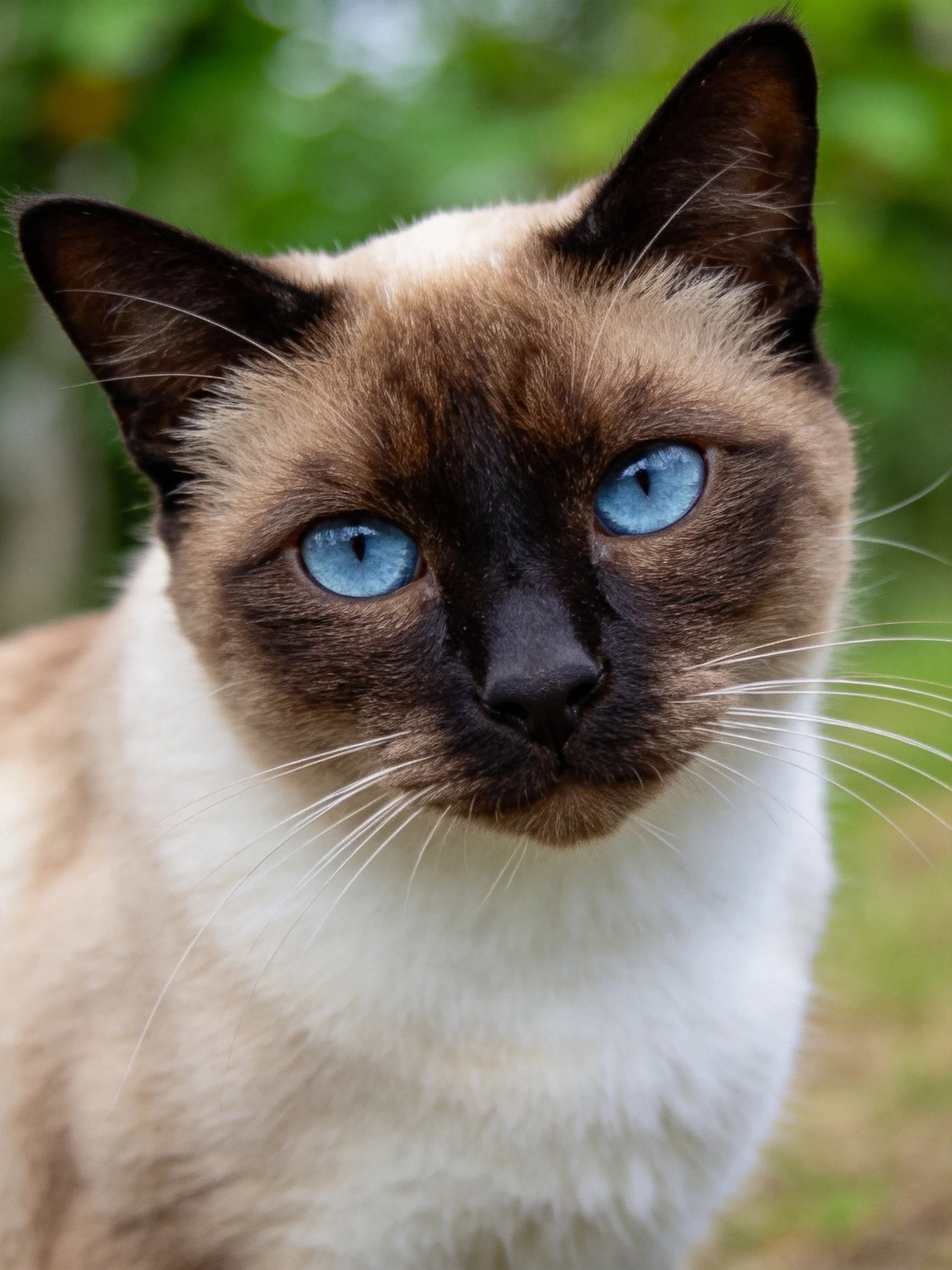 A Siamese cat with bright blue eyes is shown up close against a blurred green background.
