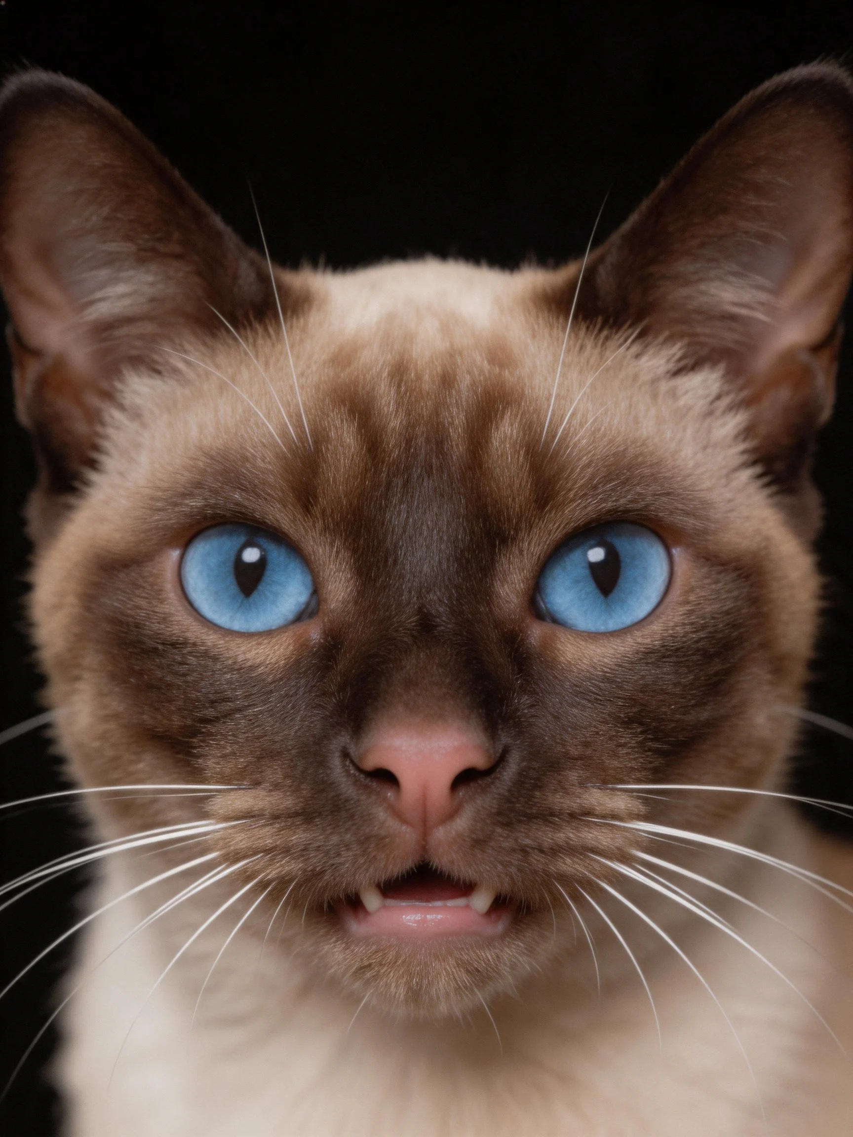 A close - up portrait of a Siamese cat with vivid blue eyes and distinct fur patterns.