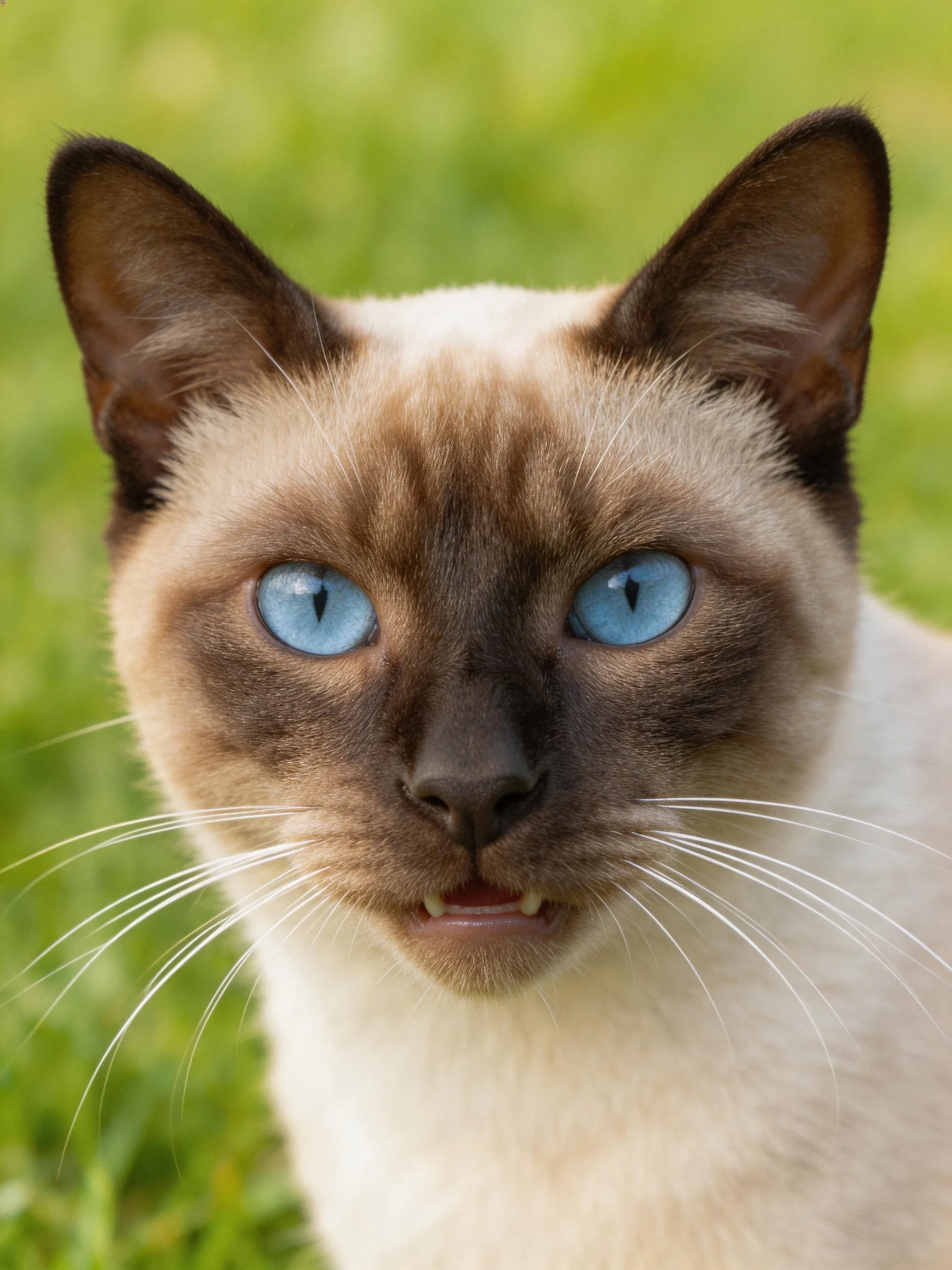A Siamese cat with blue eyes and brown markings is outdoors.