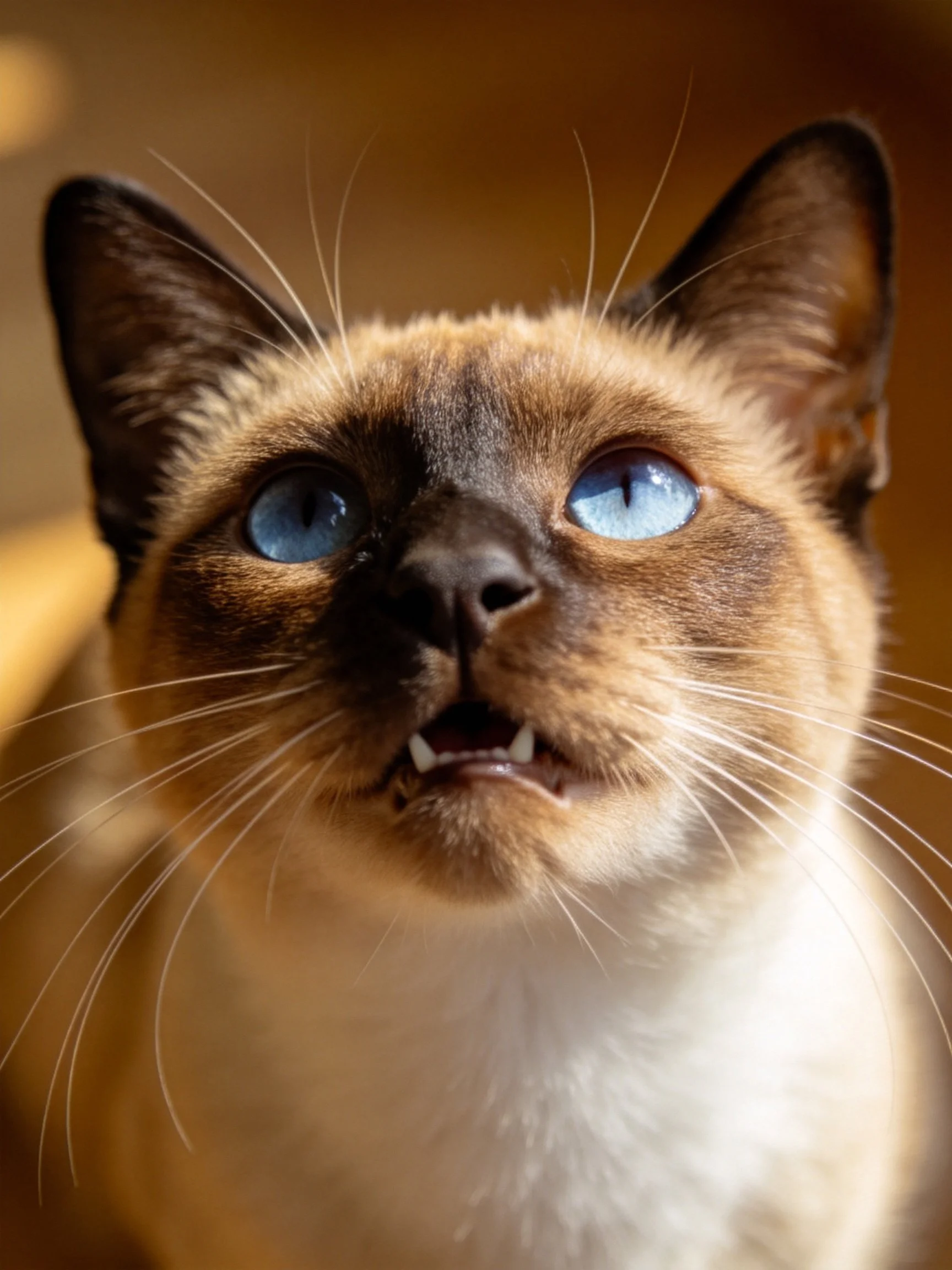 A Siamese cat with bright blue eyes and contrasting brown fur