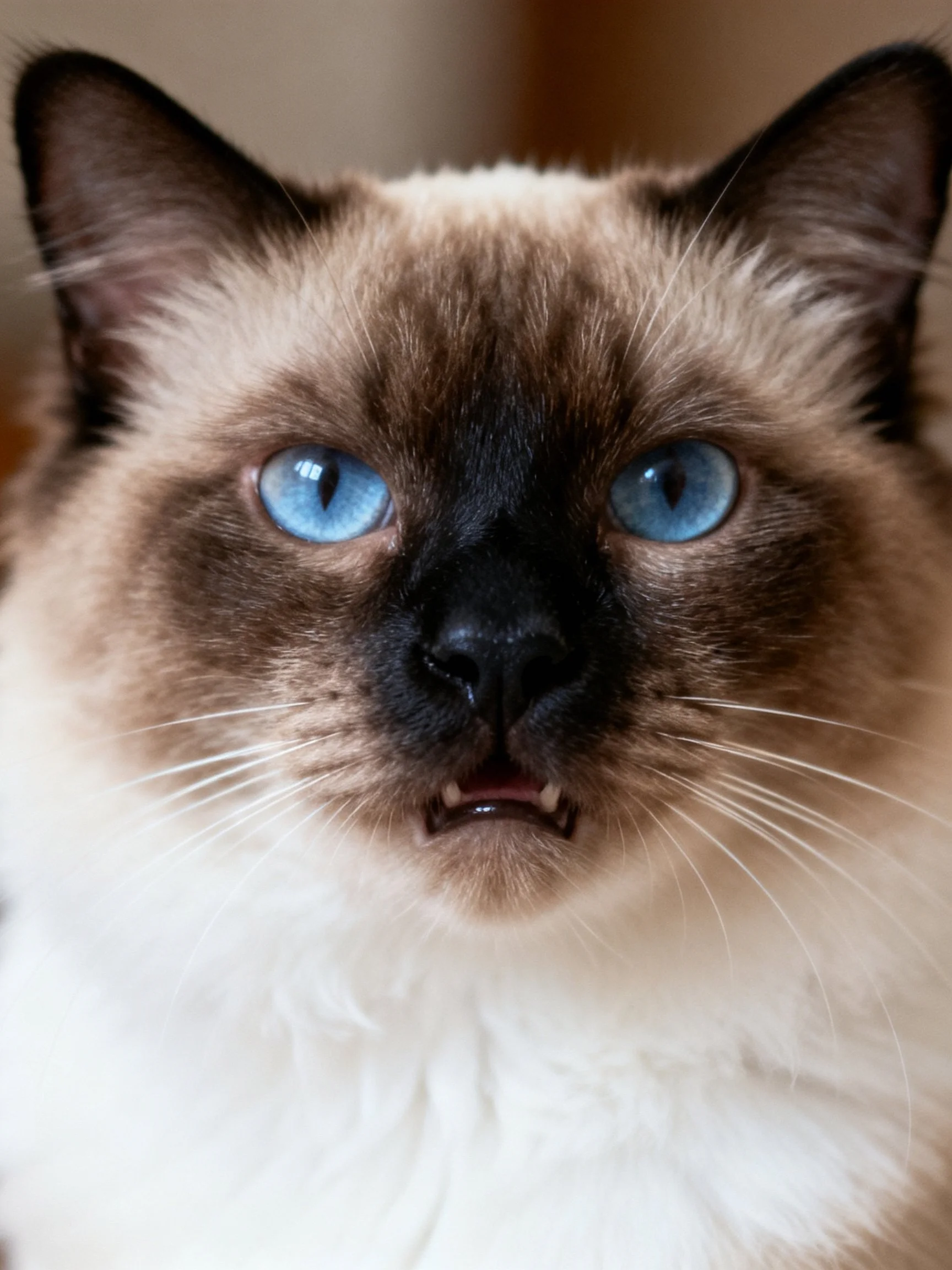 A close - up of a Siamese cat with vivid blue eyes and distinct fur patterns.