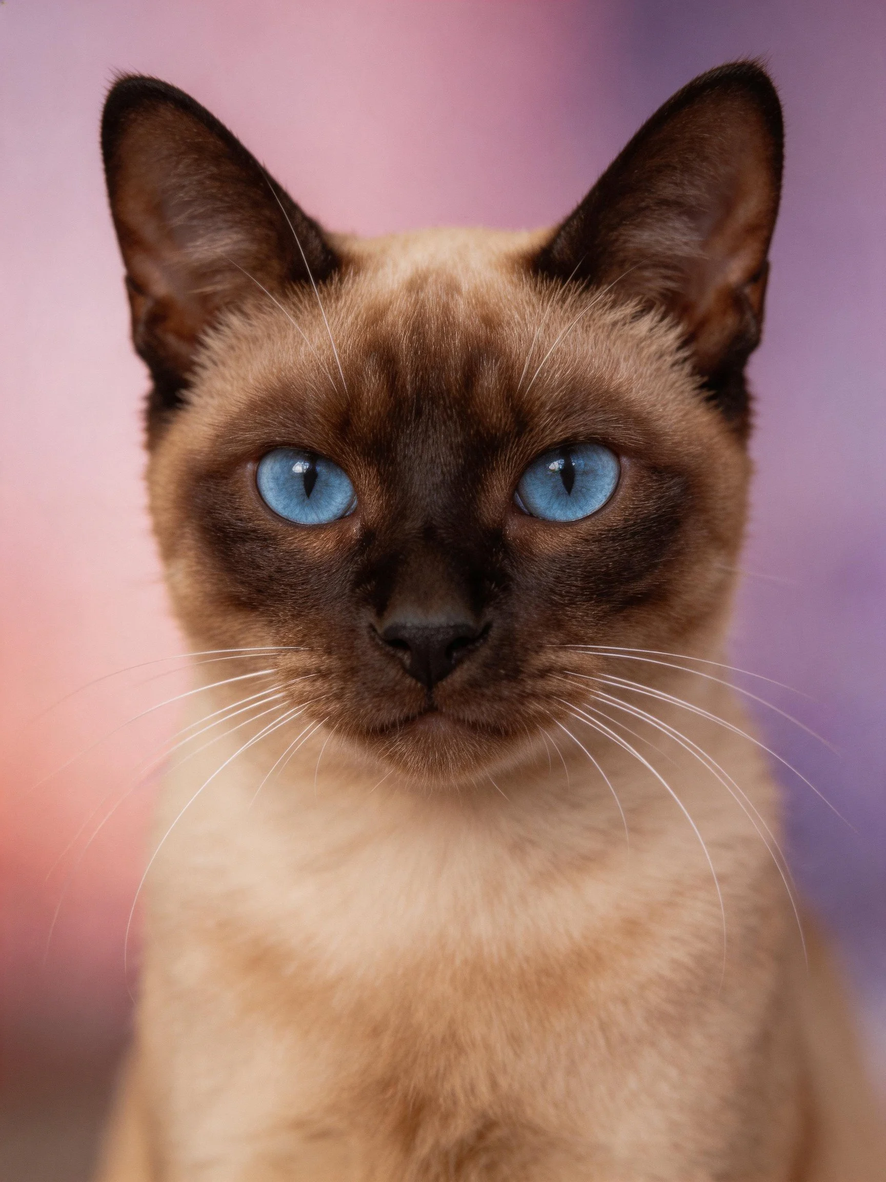 A Siamese cat with bright blue eyes stands out against a soft pink-purple background.