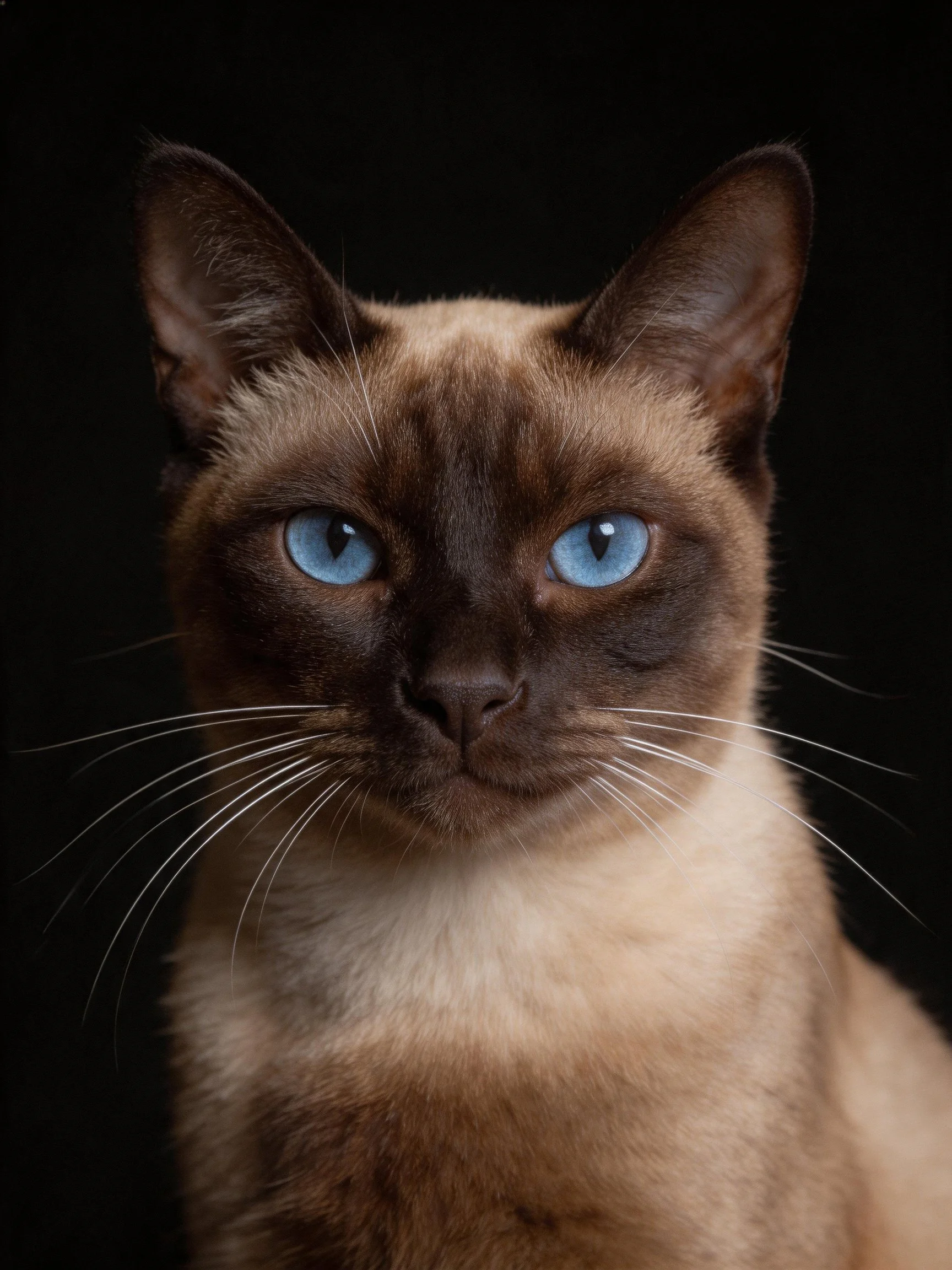 A Siamese cat with bright blue eyes stands out against a dark background.
