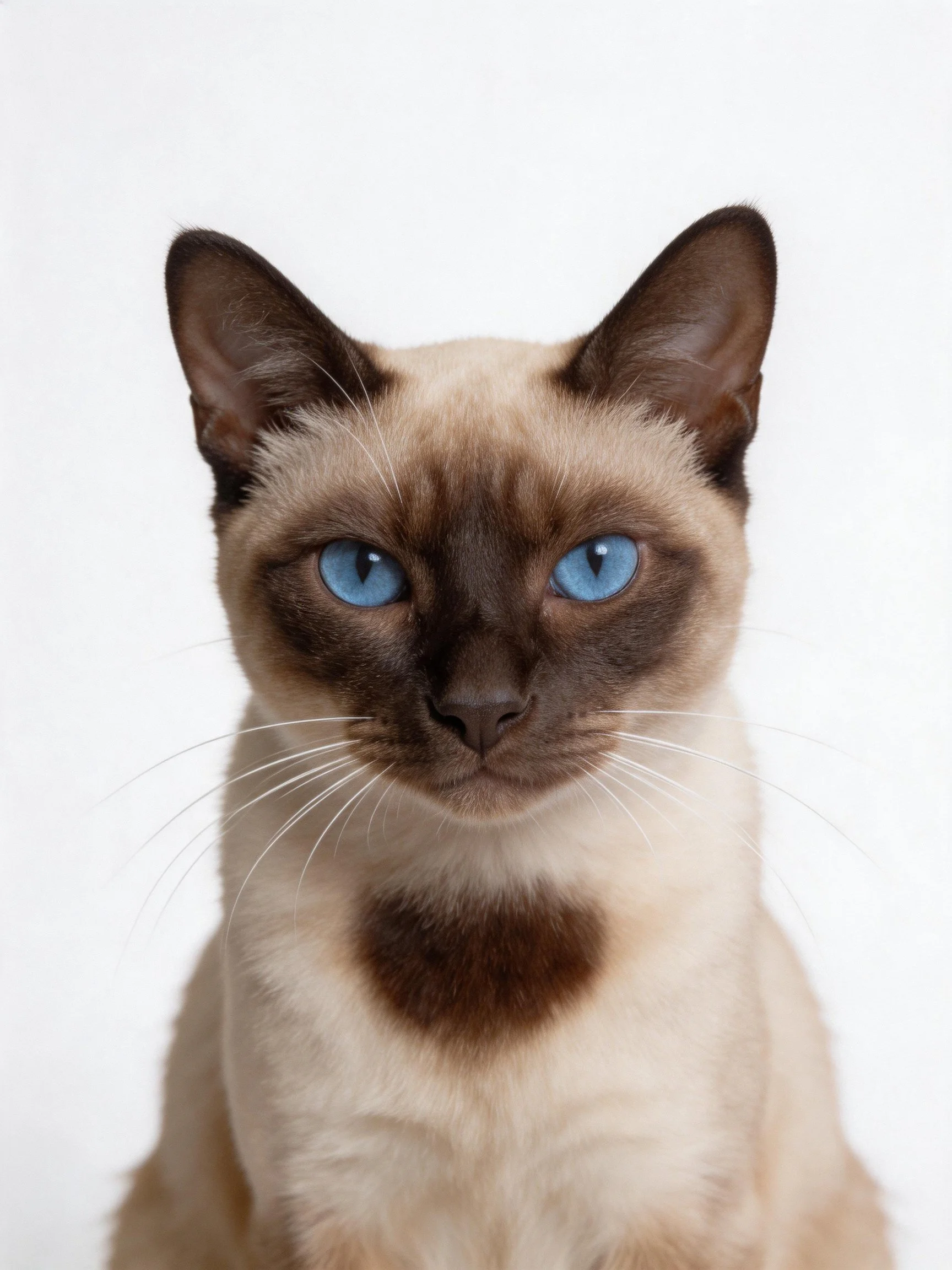 A close-up of a Siamese cat with blue eyes against a plain white background.