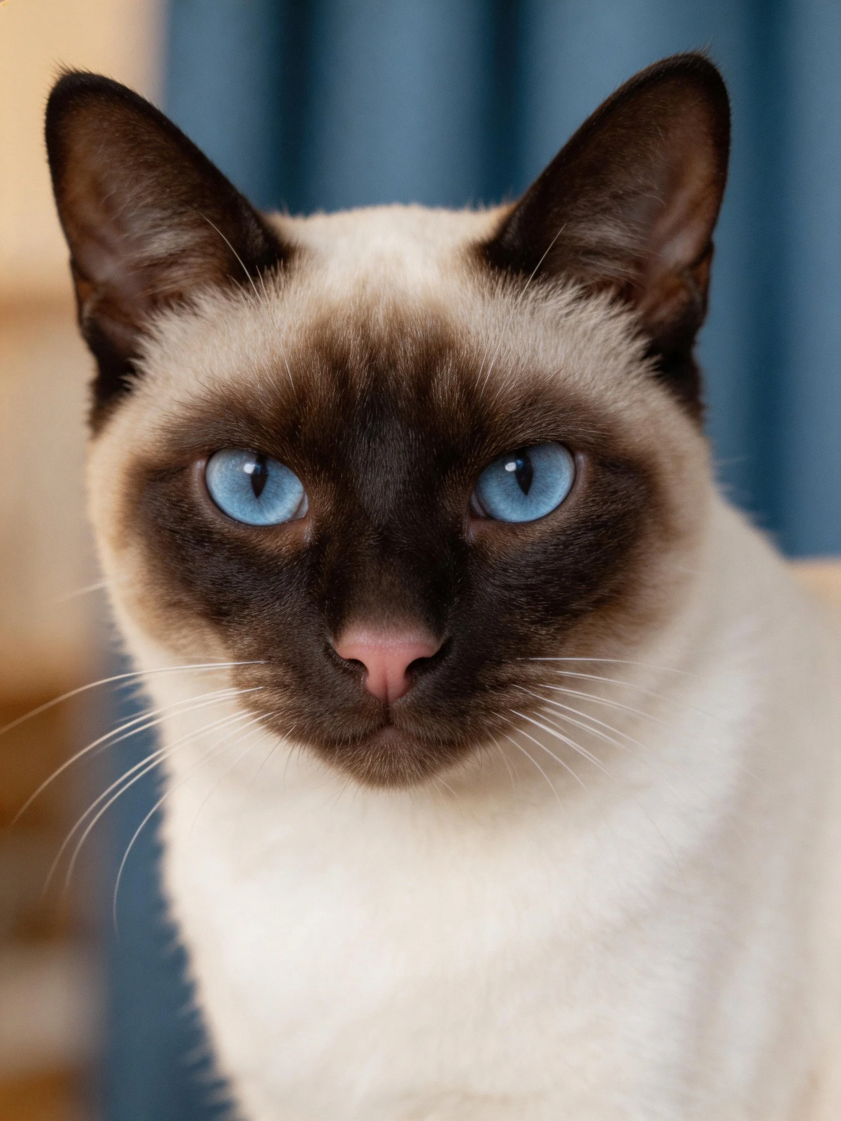 A Siamese cat looks directly at the camera with vivid blue eyes.