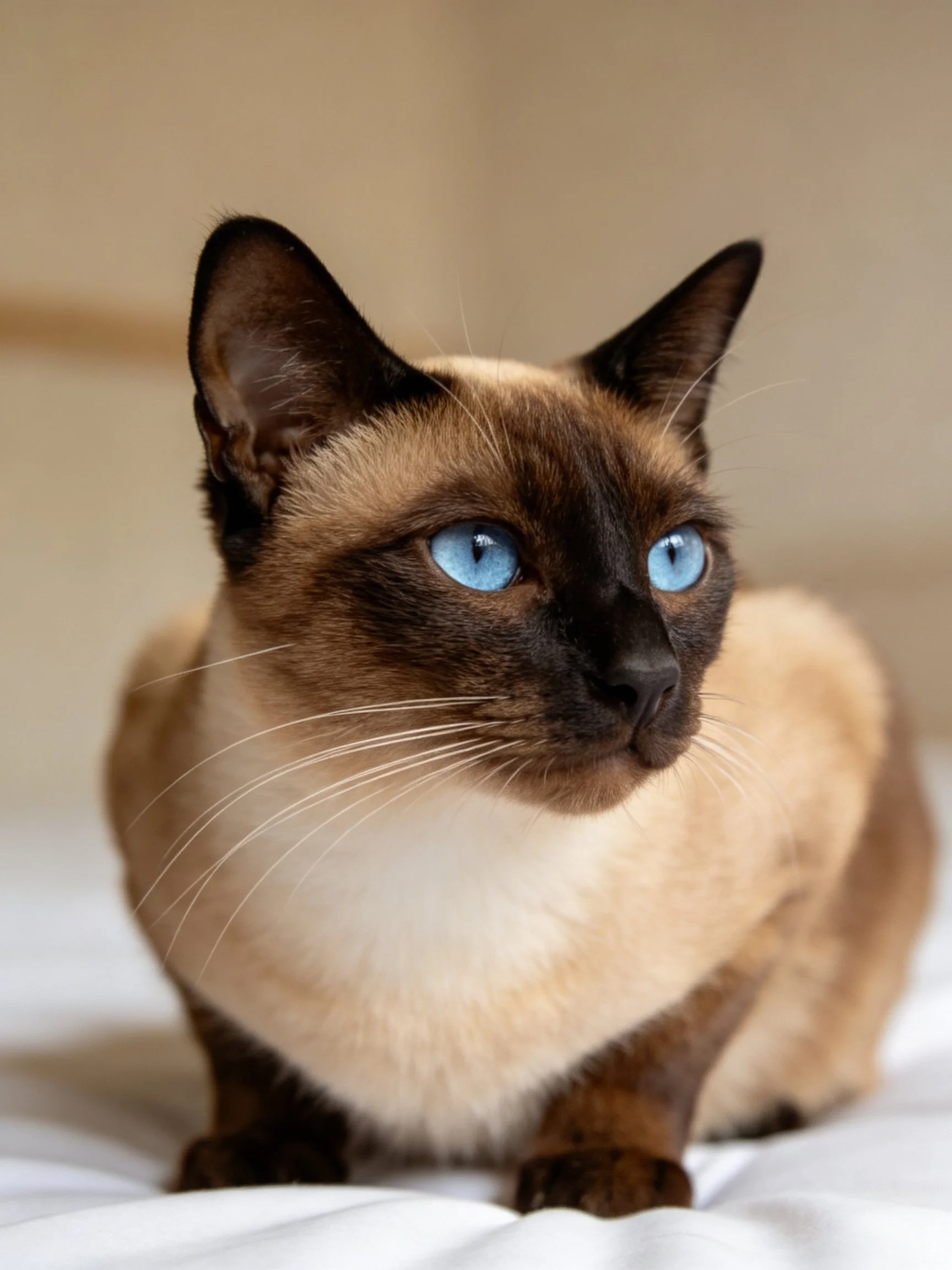A Siamese cat with bright blue eyes and dark brown fur
