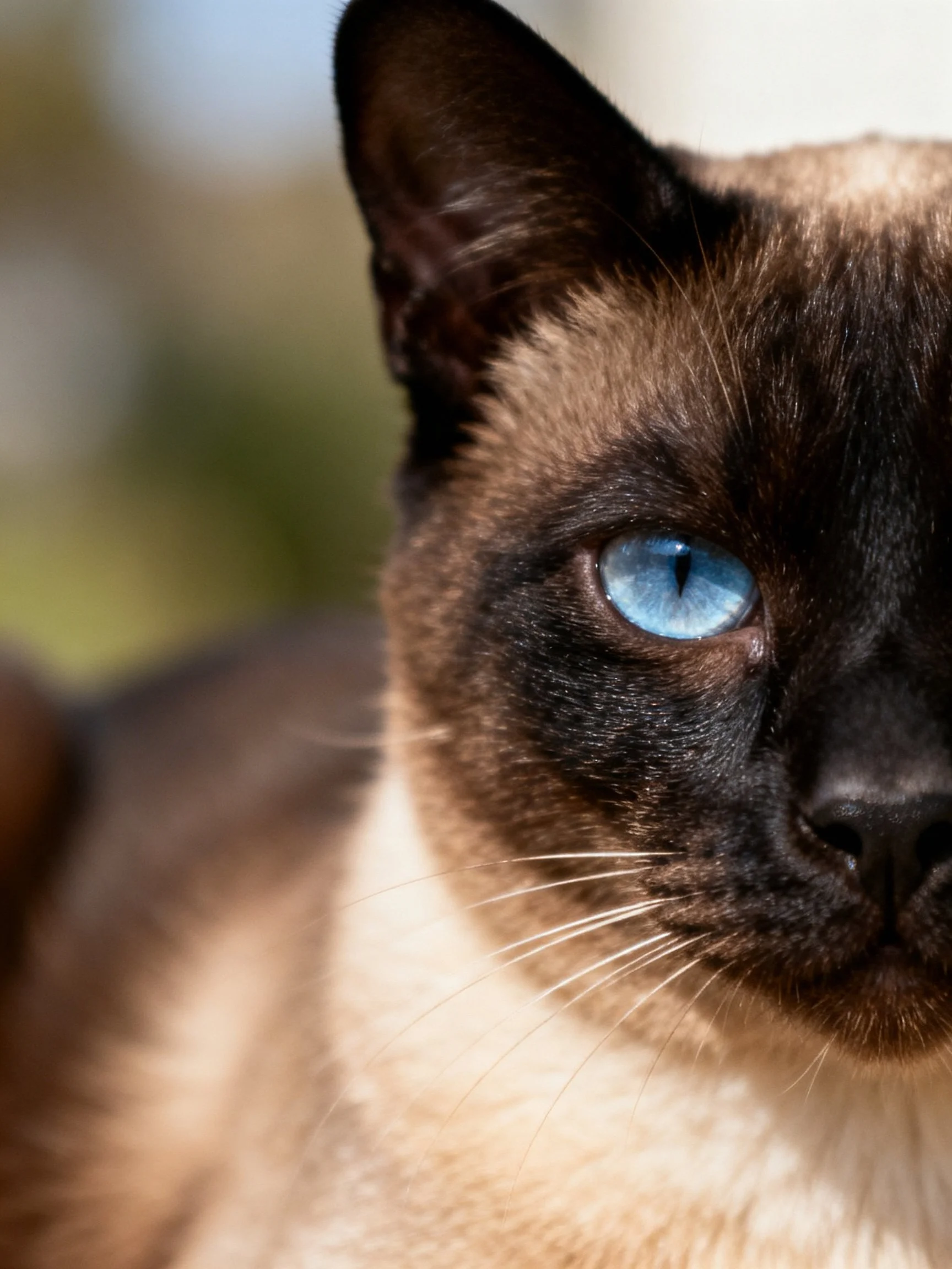 A Siamese cat with bright blue eyes is captured in close - up detail.