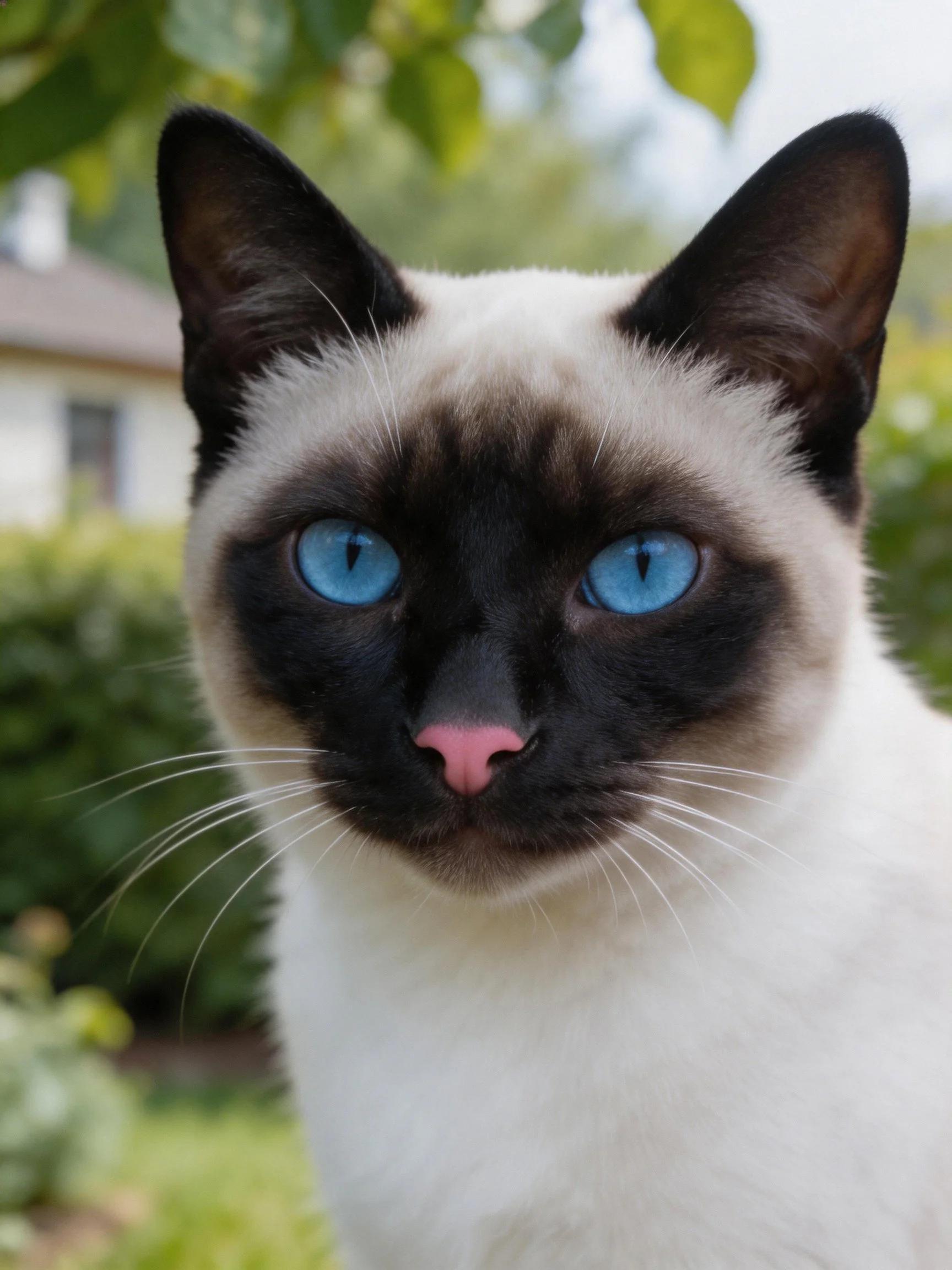 A Siamese cat with bright blue eyes is photographed outdoors near greenery.