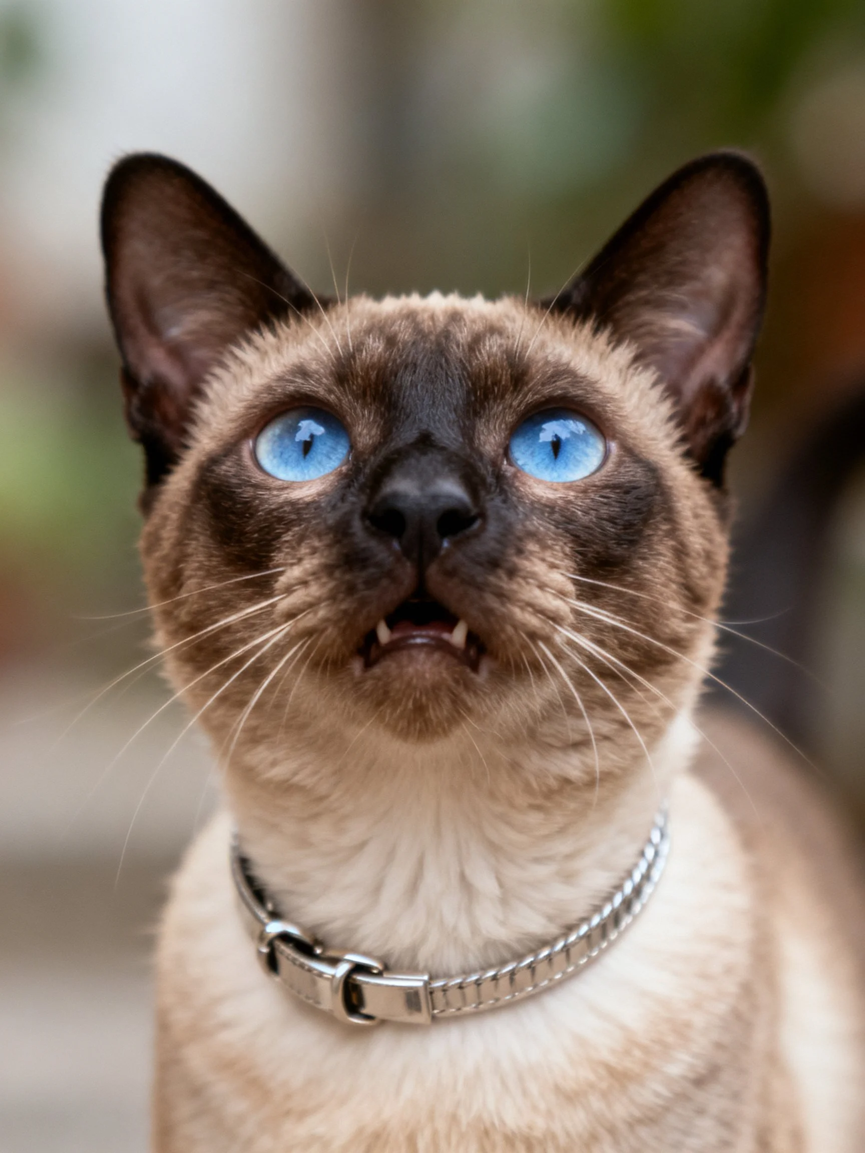 A Siamese cat with bright blue eyes looks upward in a softly focused outdoor scene.