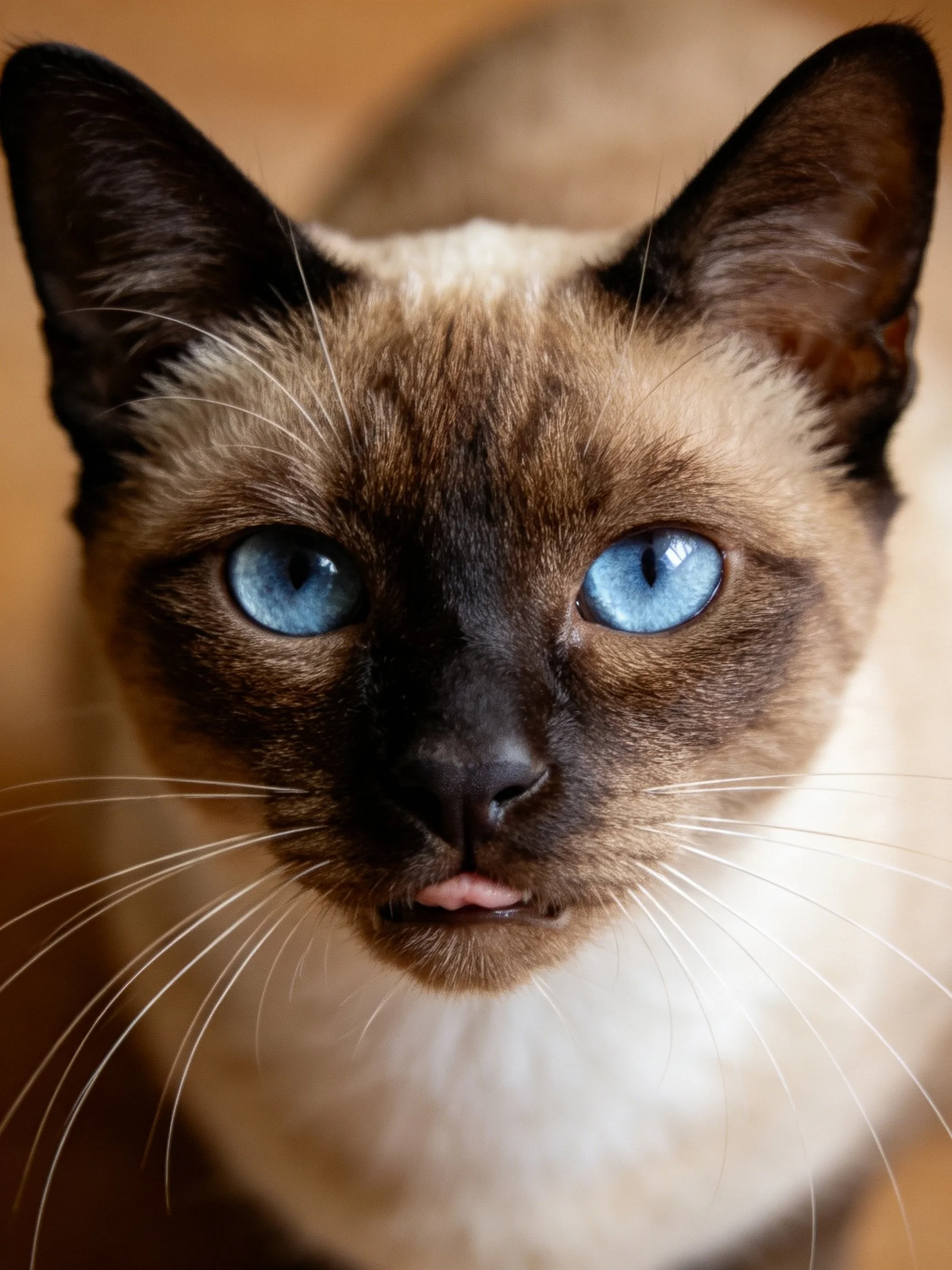 A Siamese cat with bright blue eyes and dark facial markings