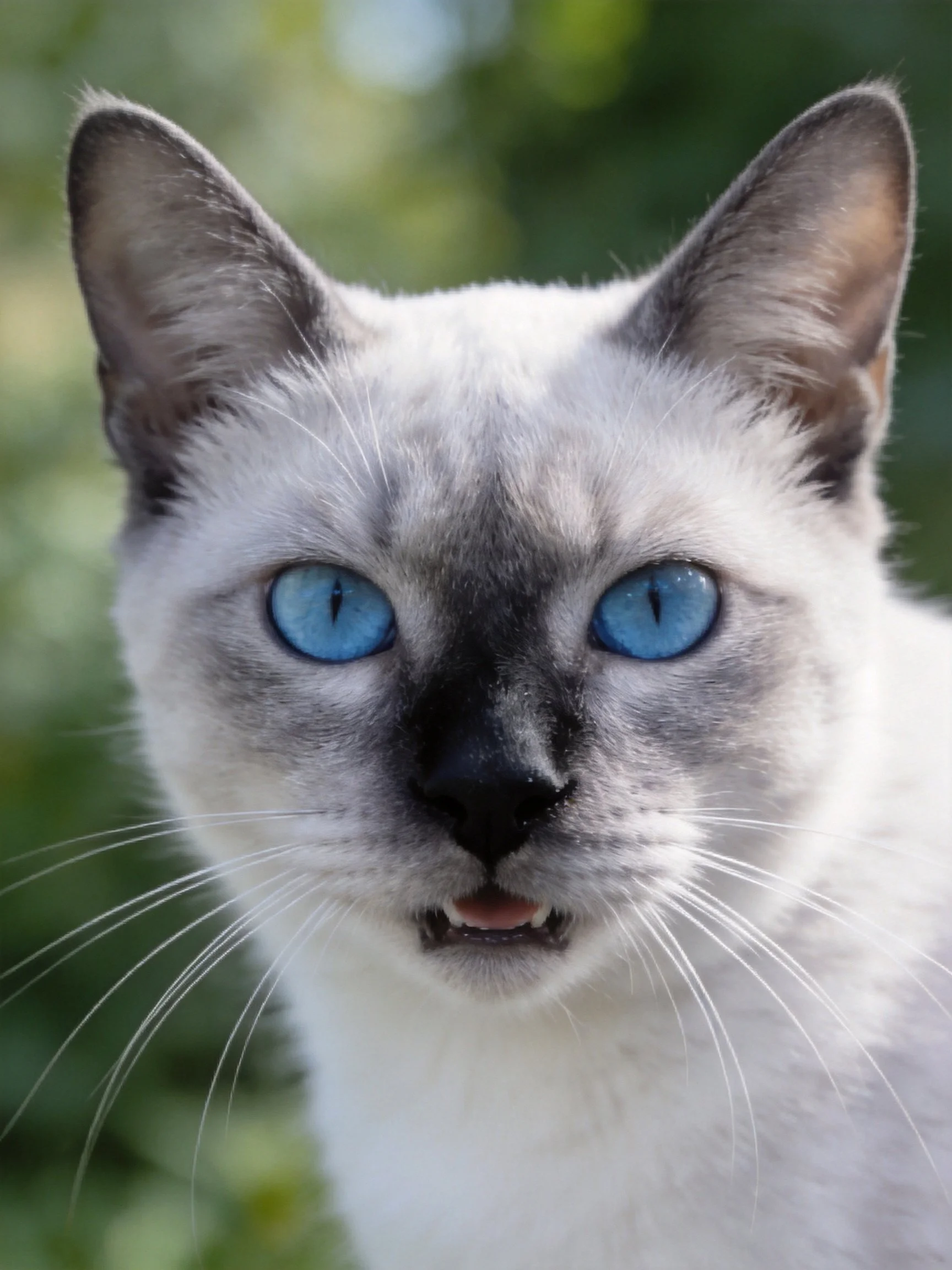 A Siamese cat with bright blue eyes and gray markings outdoors